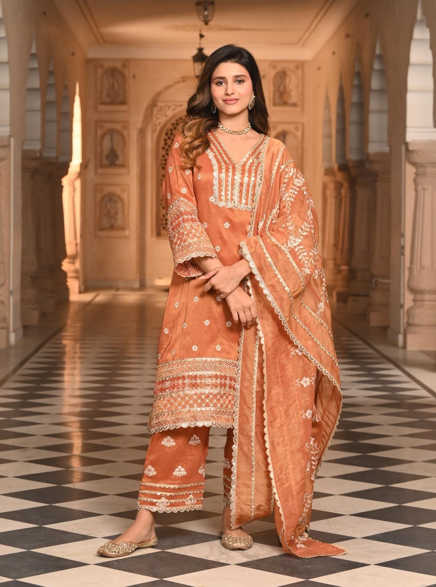 Sajni Luxe Tissue Satin Burnt Orange Kurta Set