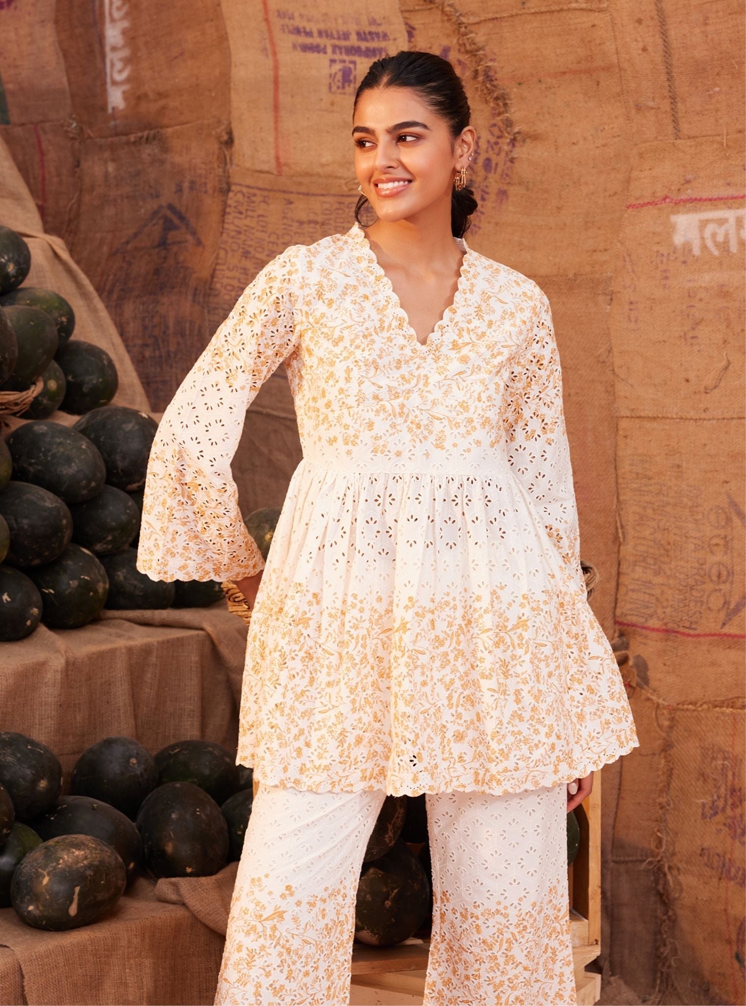 Frida Supima Cotton Off White Orange Print Co-ord Set