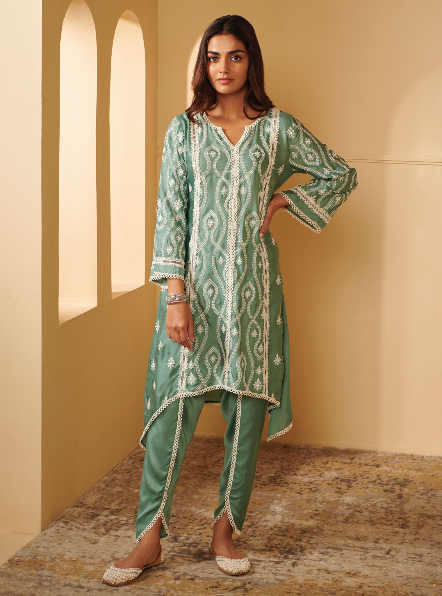Semya Cupro Silk Teal Kurta Set