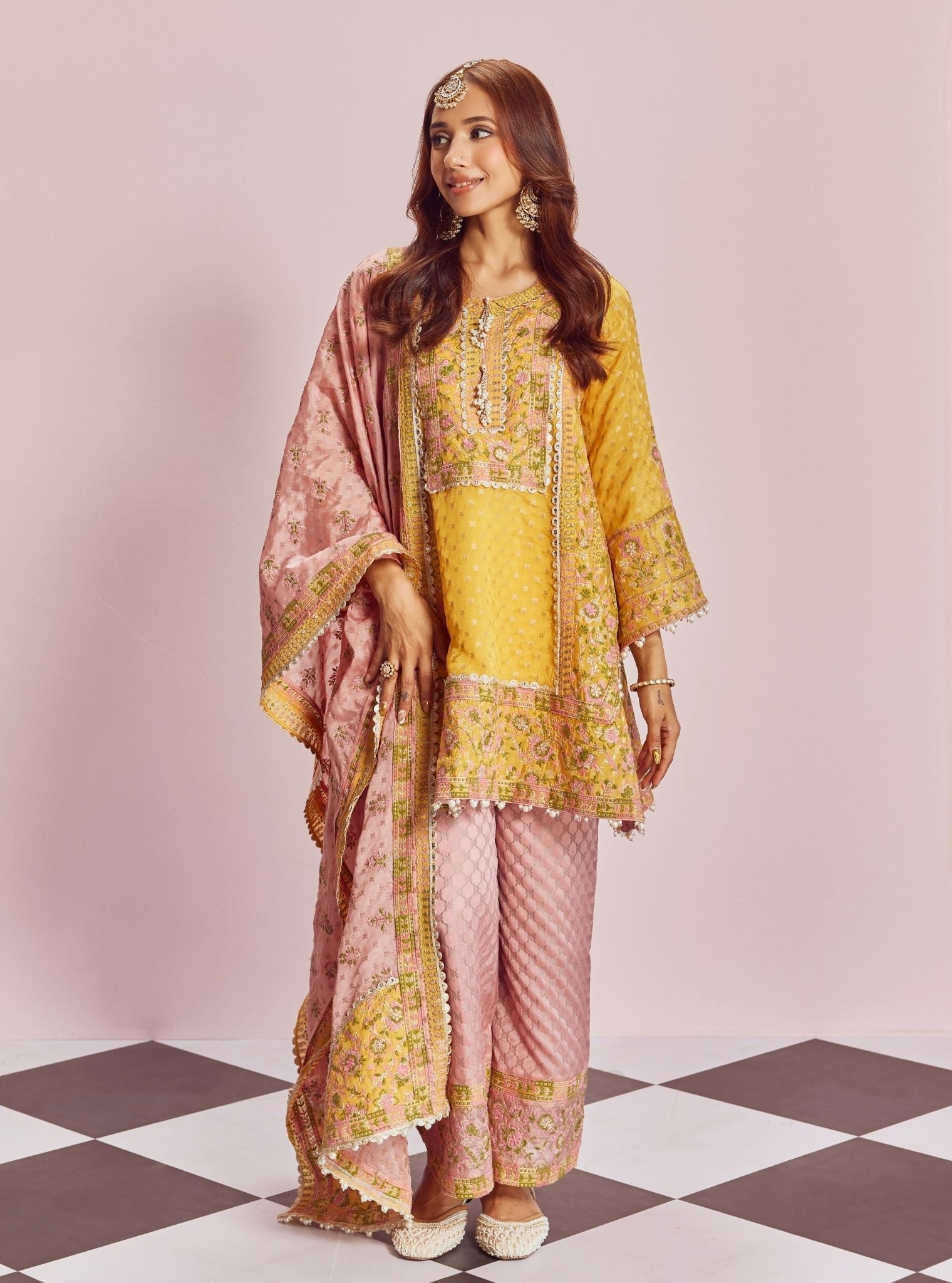 Mangal Banarsi Yellow Kurta With Pink Pant