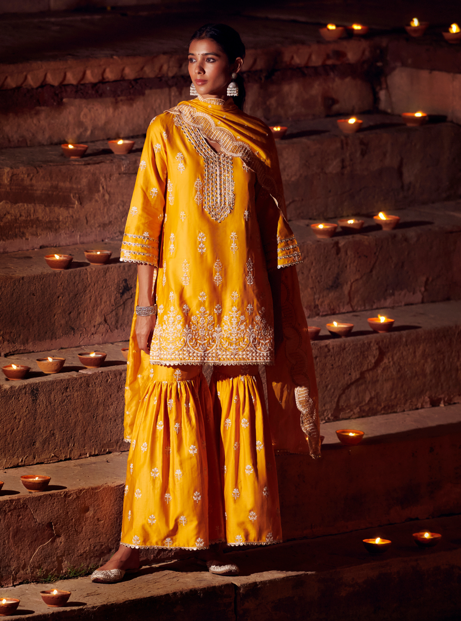 Avathi Pima Satin Yellow Kurta with Garara Set