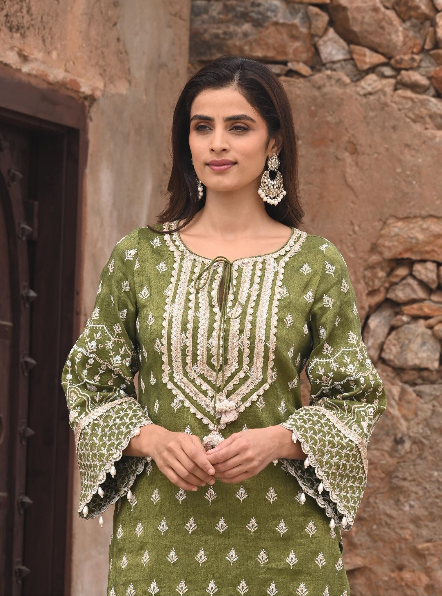 Dholna Luxe Tissue Satin Moss Green Kurta Set