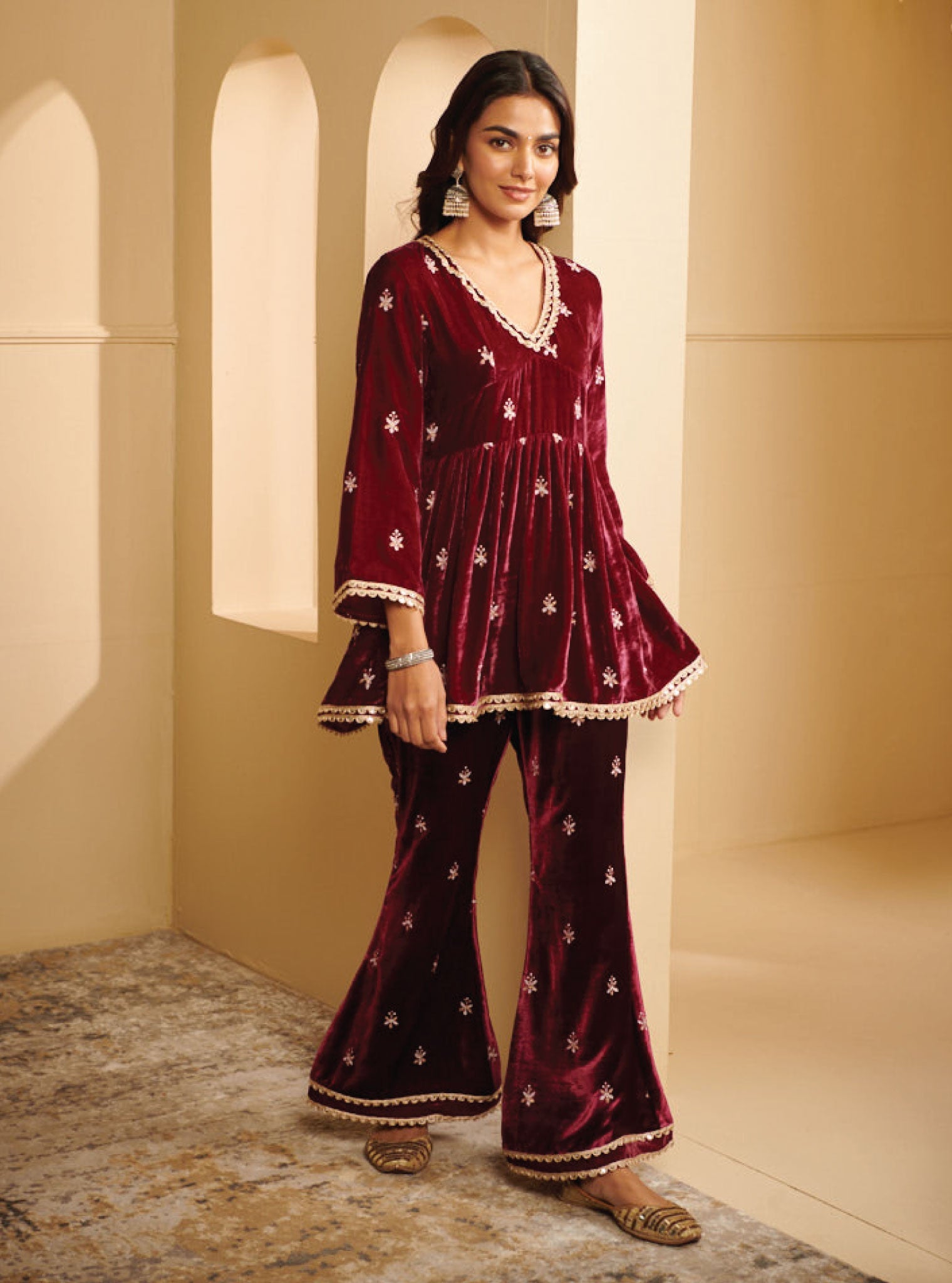 Mysa Velvet Wine Kurta Set
