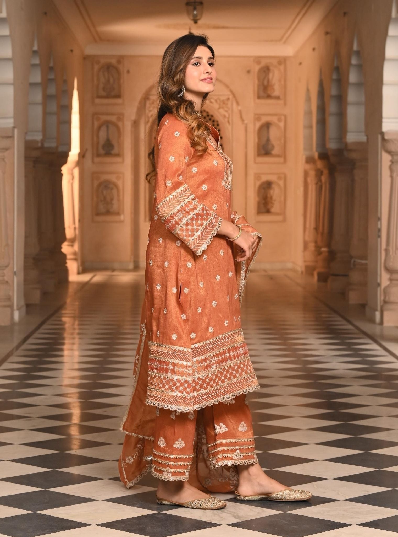 Sajni Luxe Tissue Satin Burnt Orange Kurta Set
