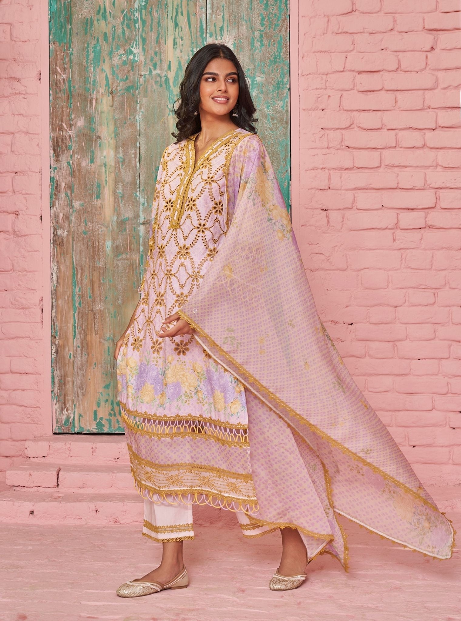 Poema Supima Cotton Printed Pink Kurta Set