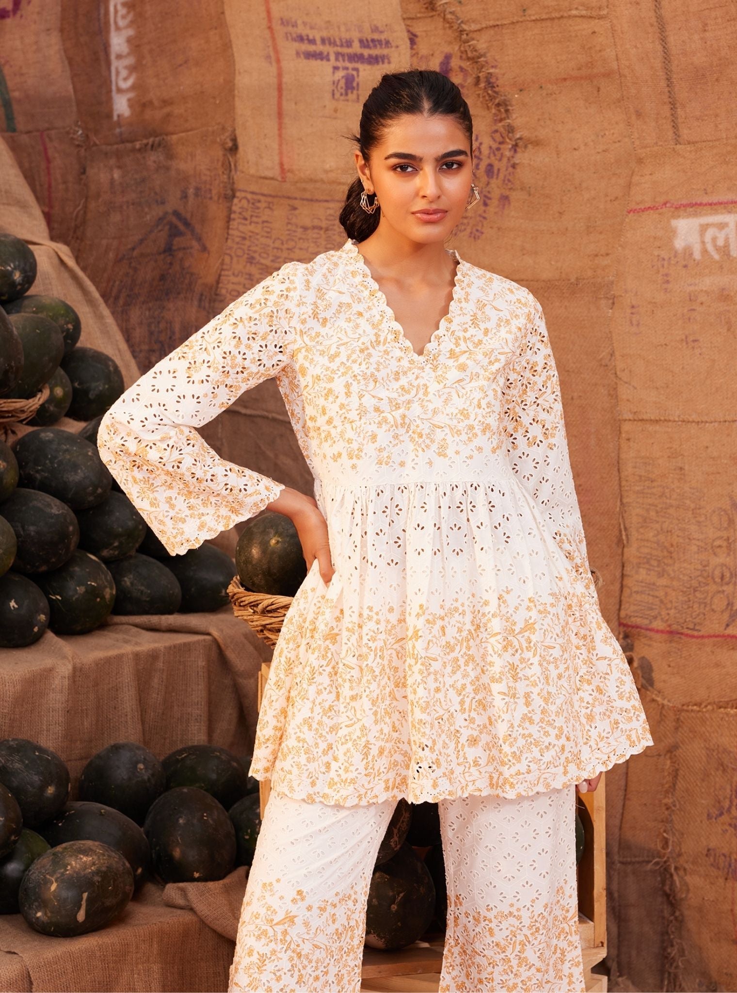 Frida Supima Cotton Off White Orange Print Co-ord Set