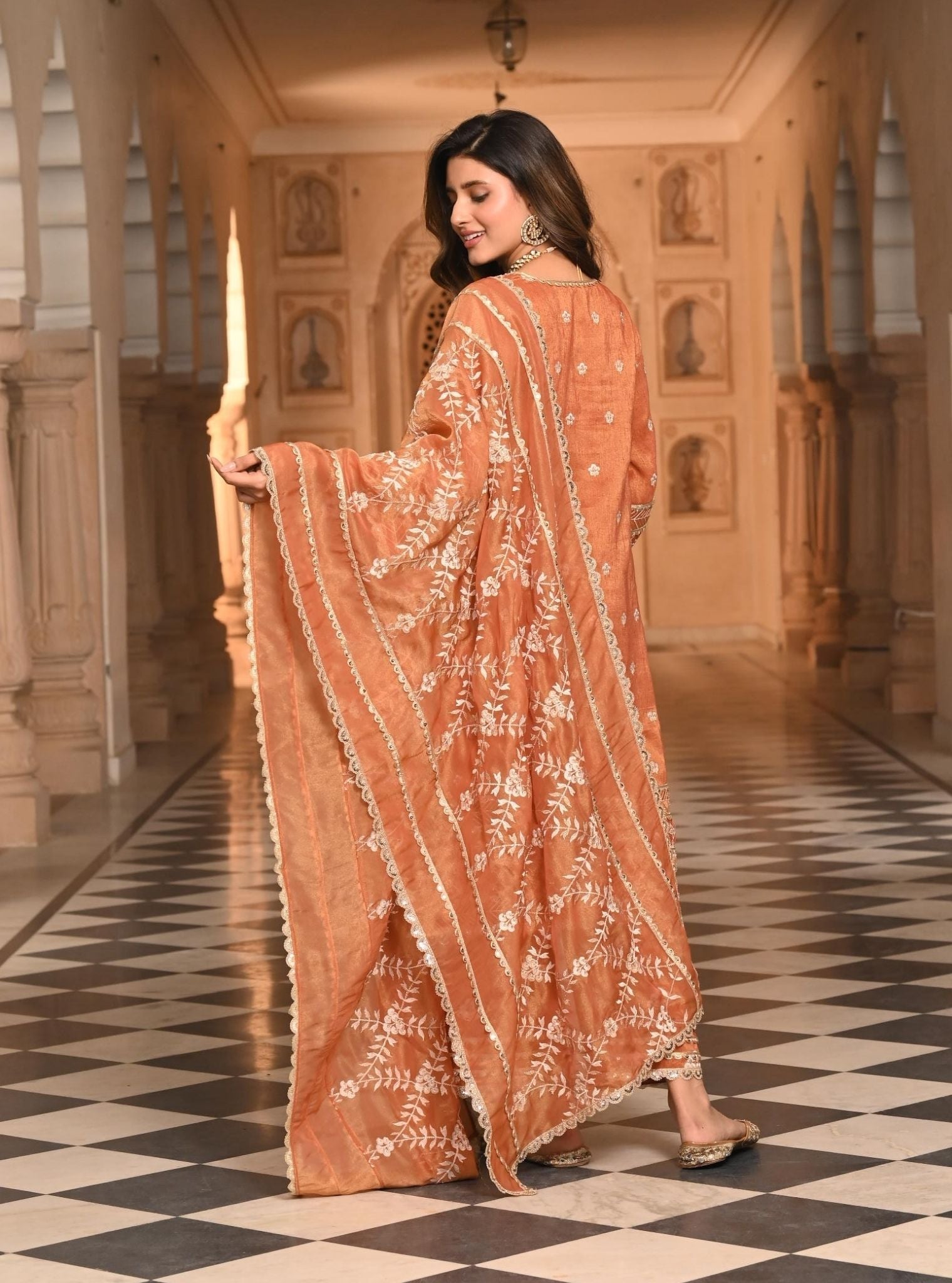 Sajni Luxe Tissue Satin Burnt Orange Kurta Set