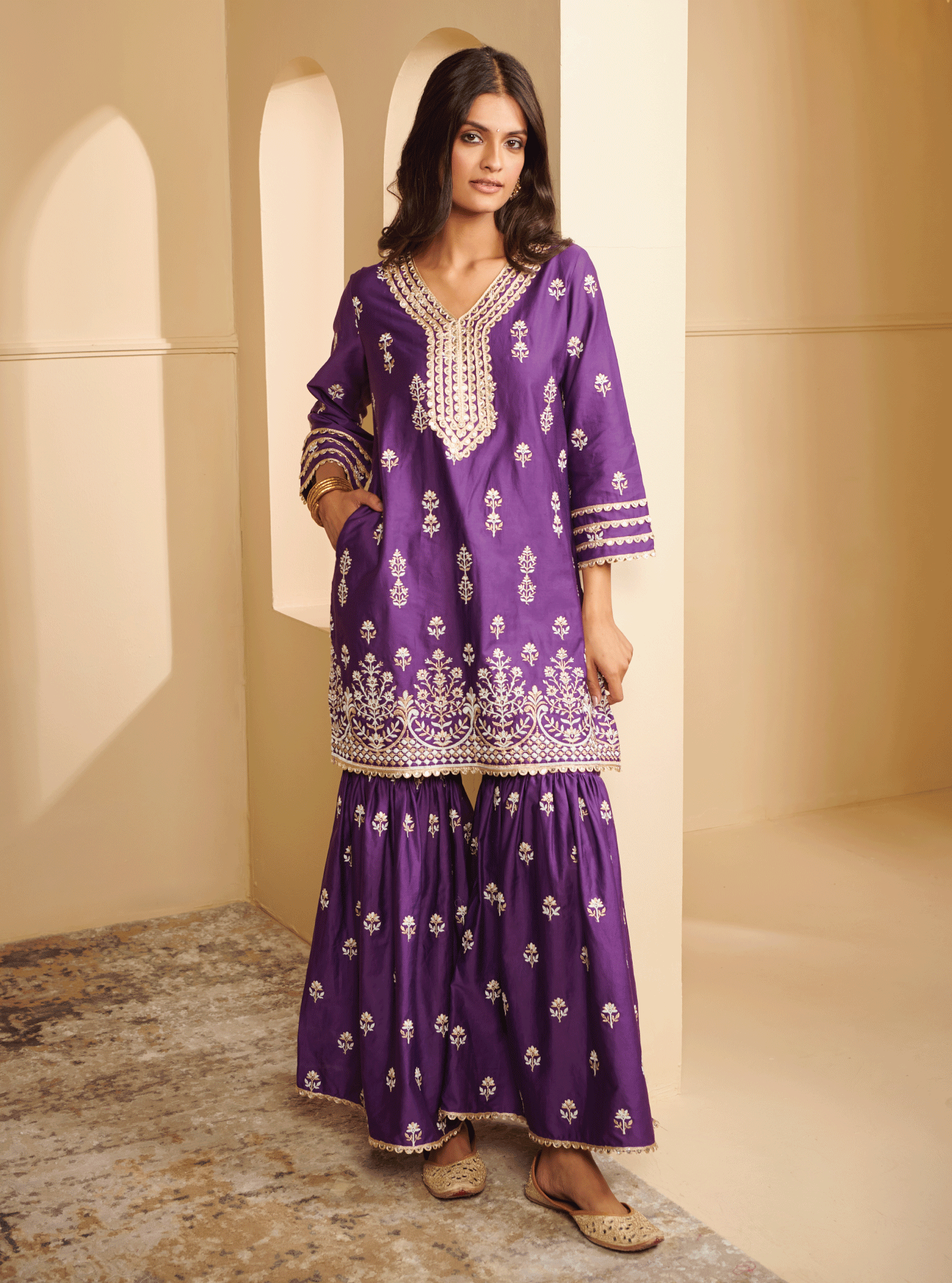Avathi Pima Satin Purple Kurta with Garara Set