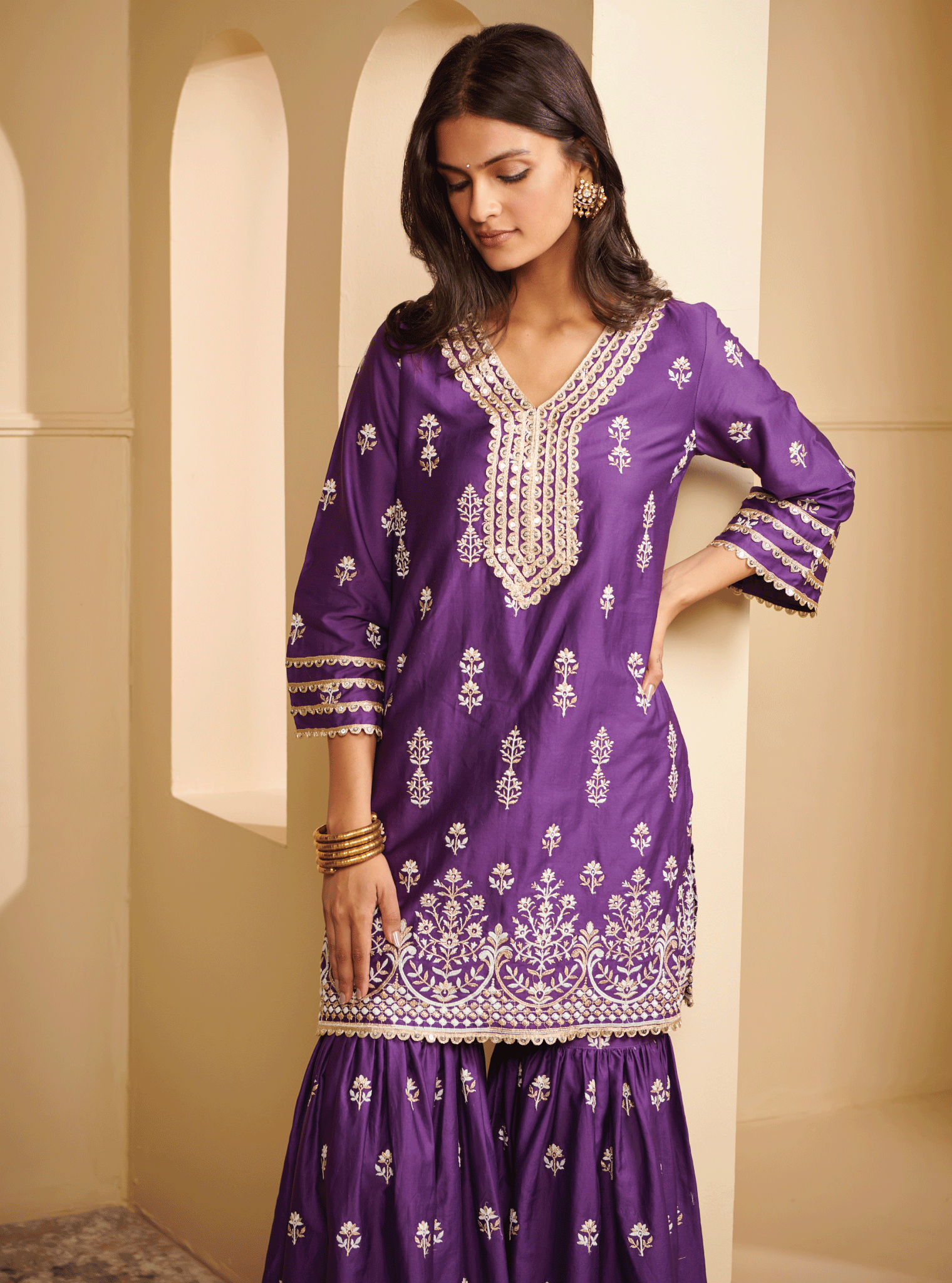 Avathi Pima Satin Purple Kurta with Garara Set