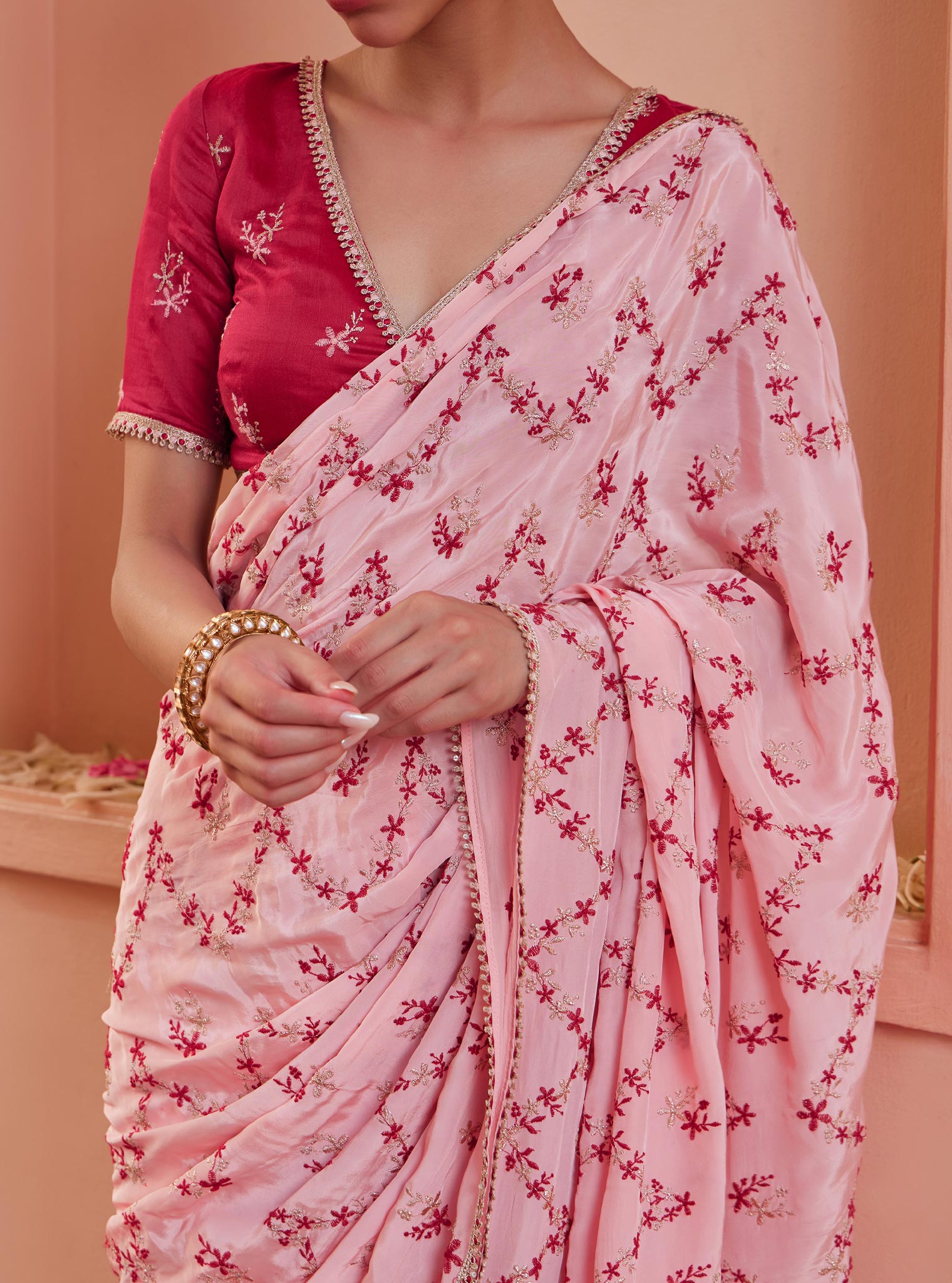 Tavisi Crepe Pink Pre-Stitched Saree