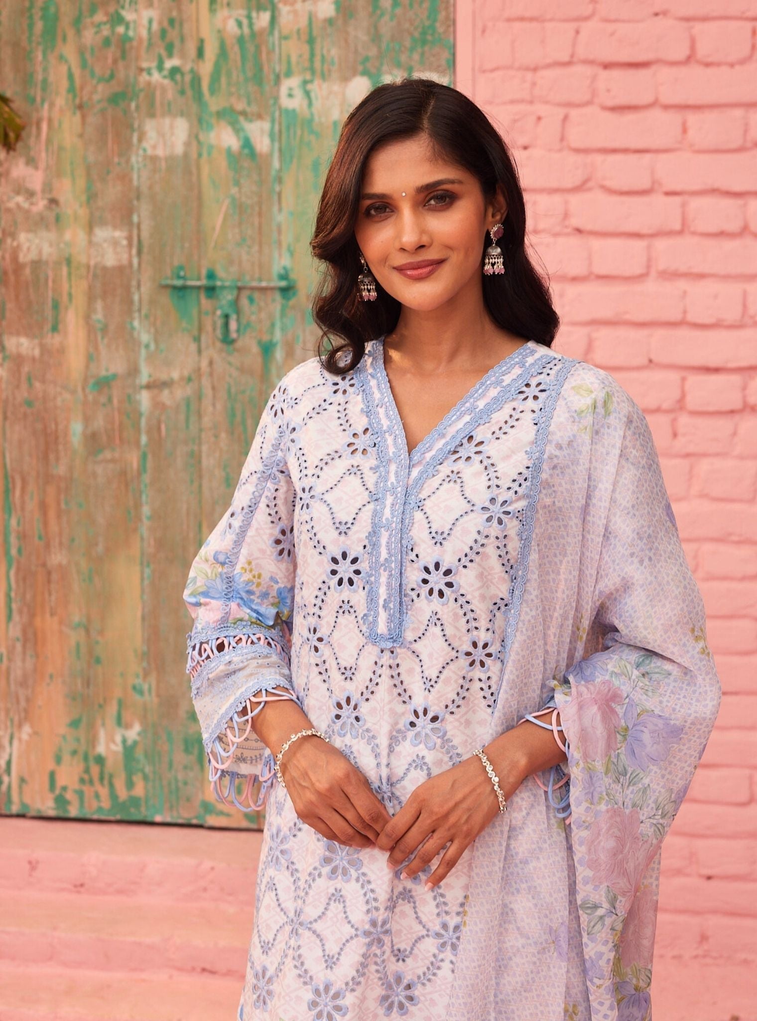 Poema Supima Cotton Printed White Kurta Set