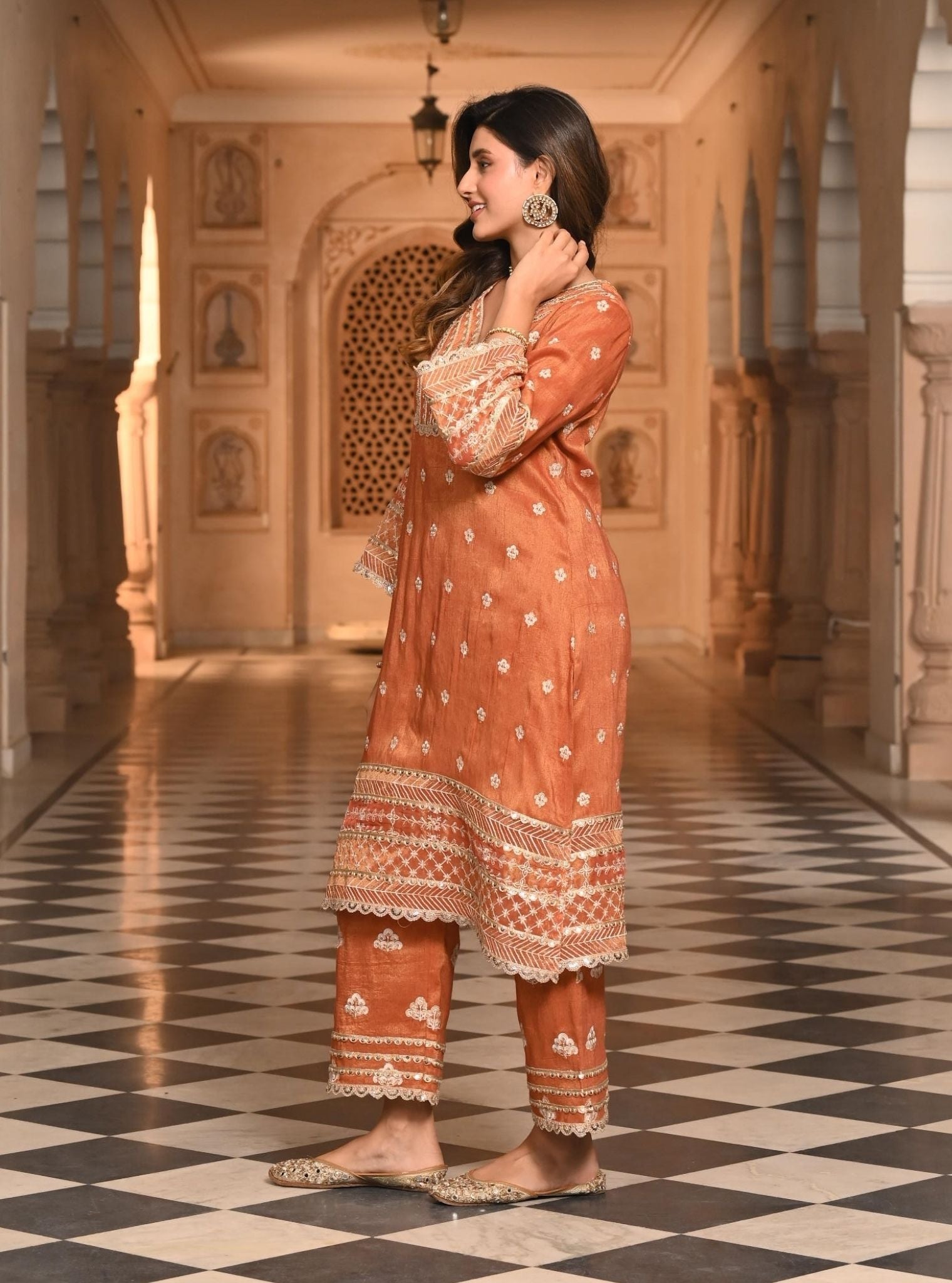Sajni Luxe Tissue Satin Burnt Orange Kurta Set