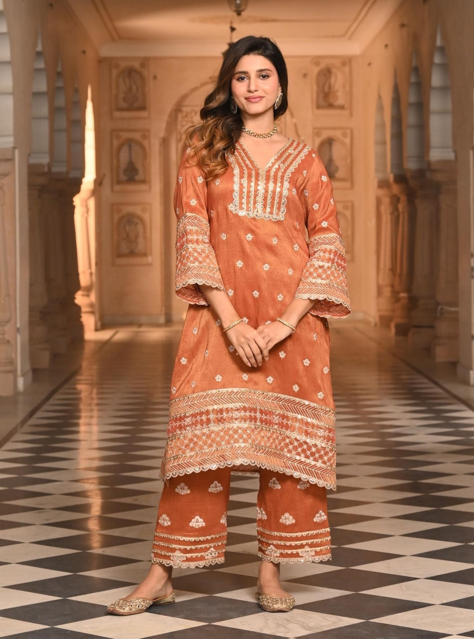 Sajni Luxe Tissue Satin Burnt Orange Kurta Set