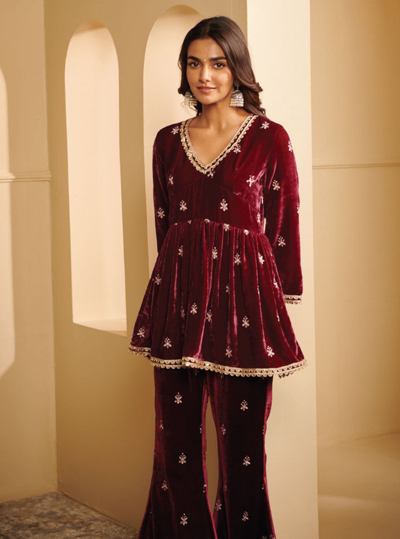Mysa Velvet Wine Kurta Set