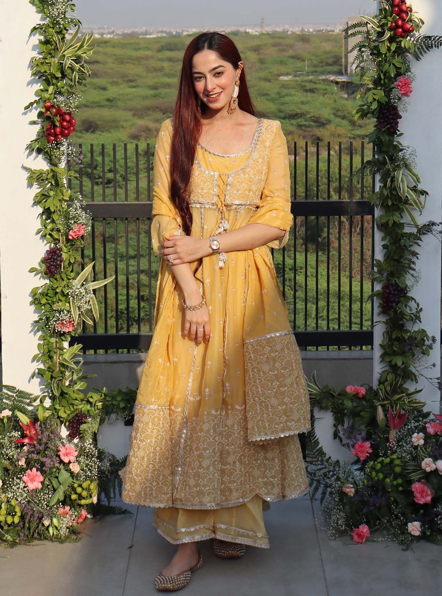 Sheri Organza Anarkali Yellow Kurta with Sharara Set