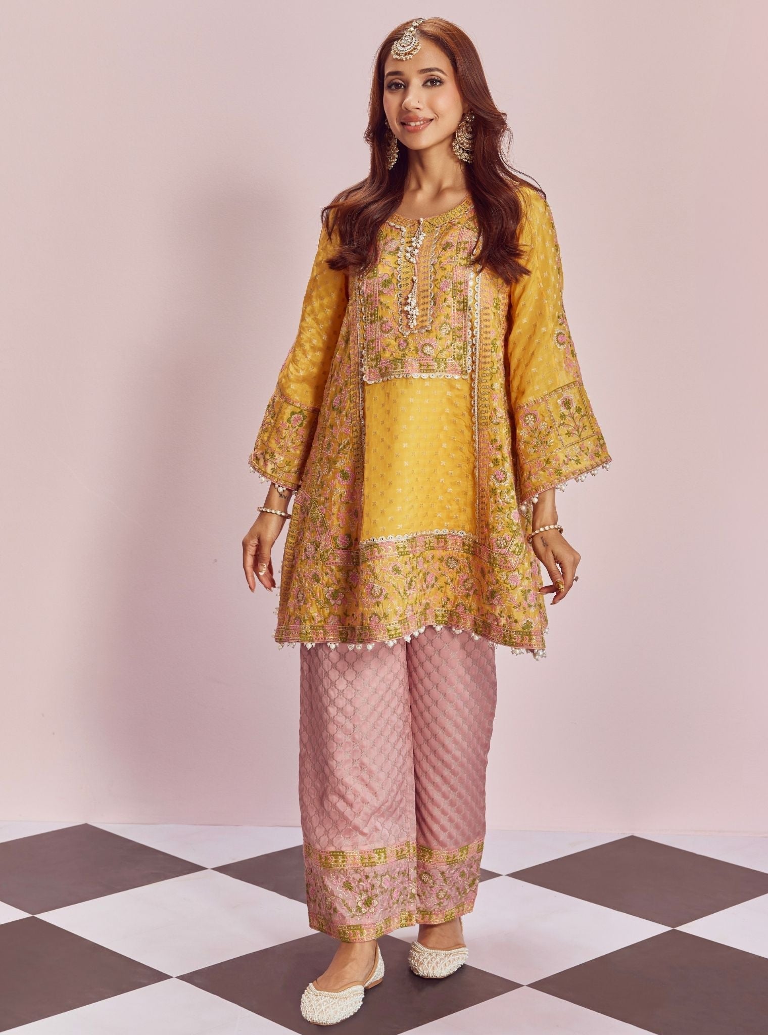 Mangal Banarsi Yellow Kurta With Pink Pant
