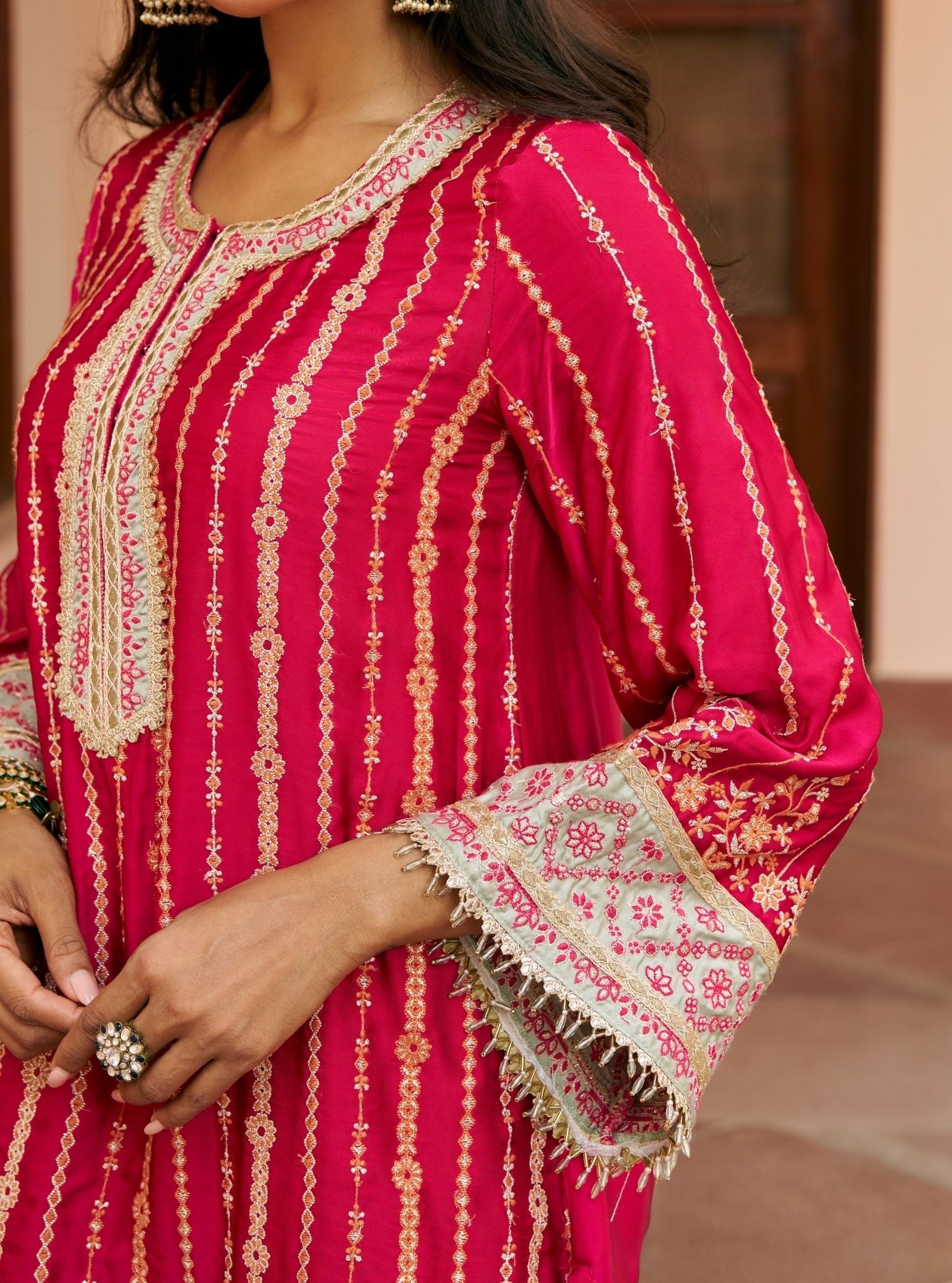 Jhumri Cupro Satin Rani Pink Kurta With Farshi Salwar