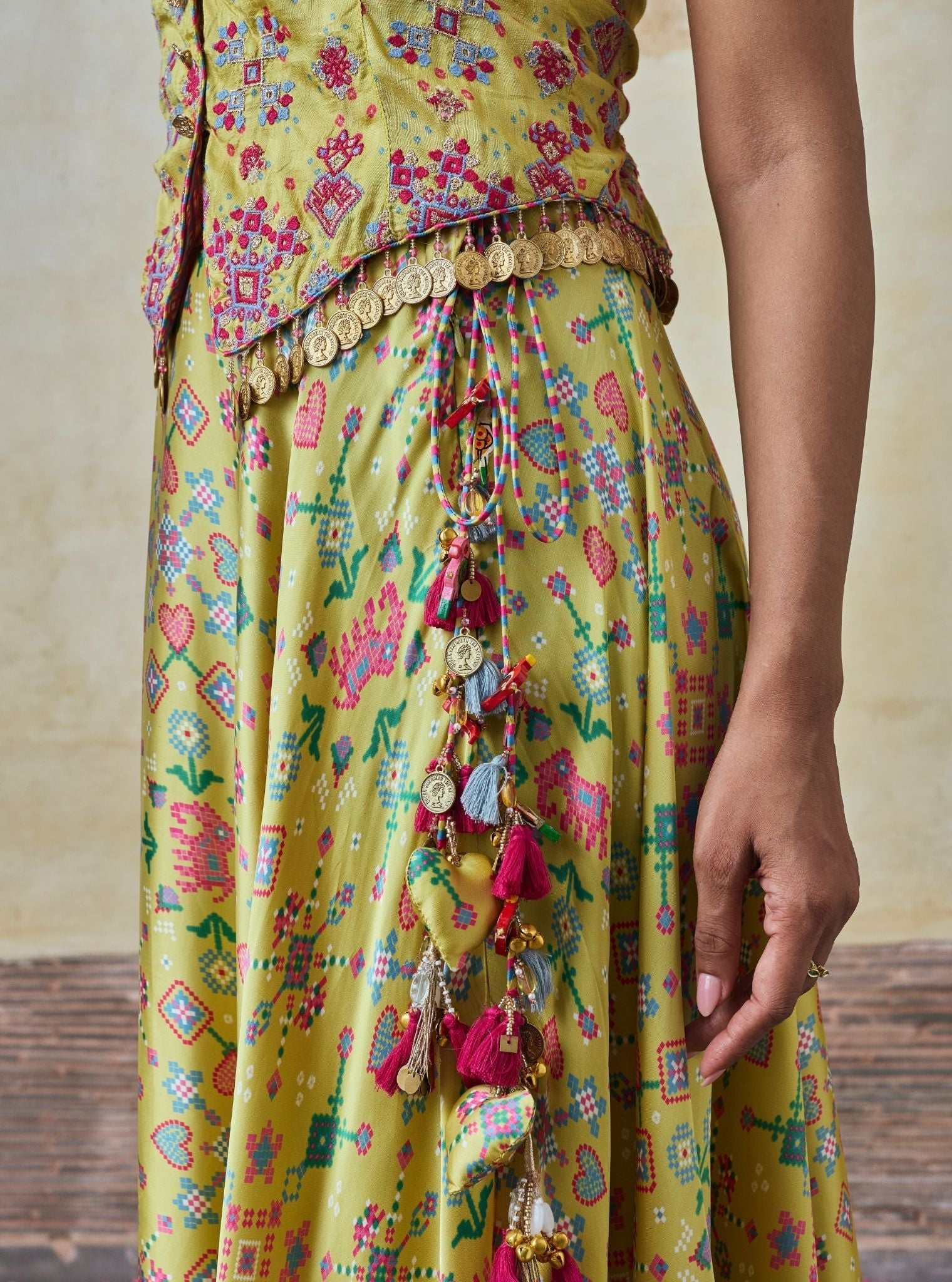 Sarangni Bemberg Raw Silk Printed Lime Waistcoat & Skirt Set