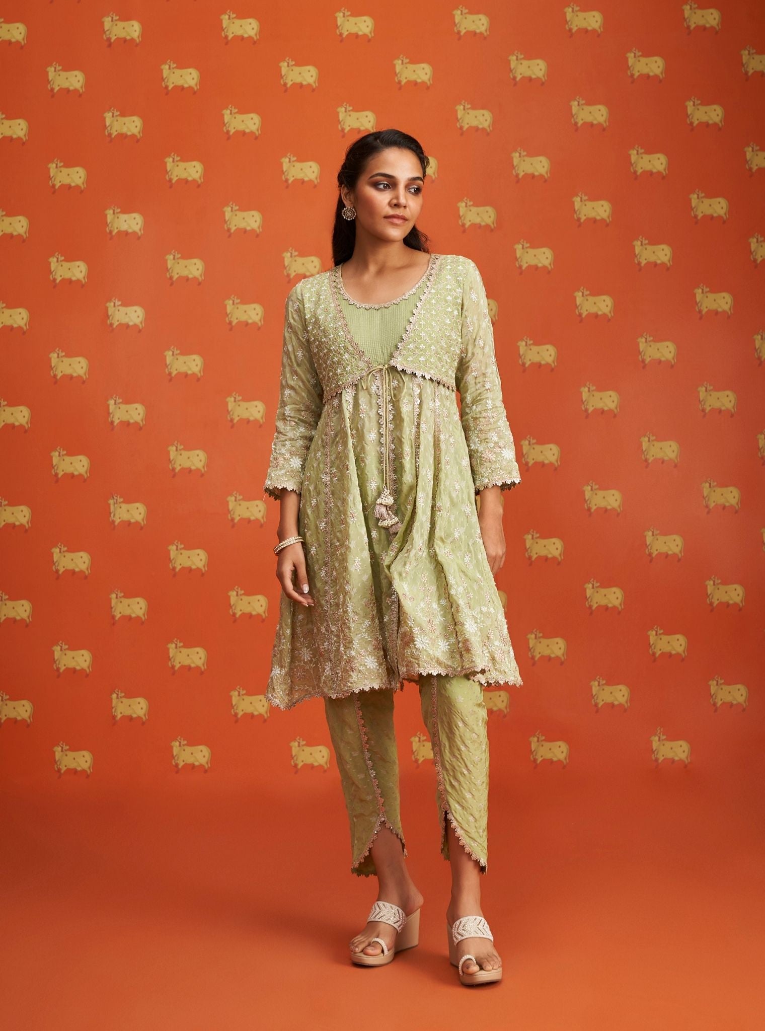 Nyah Banarsi Green Short Anarkali Kurta Set