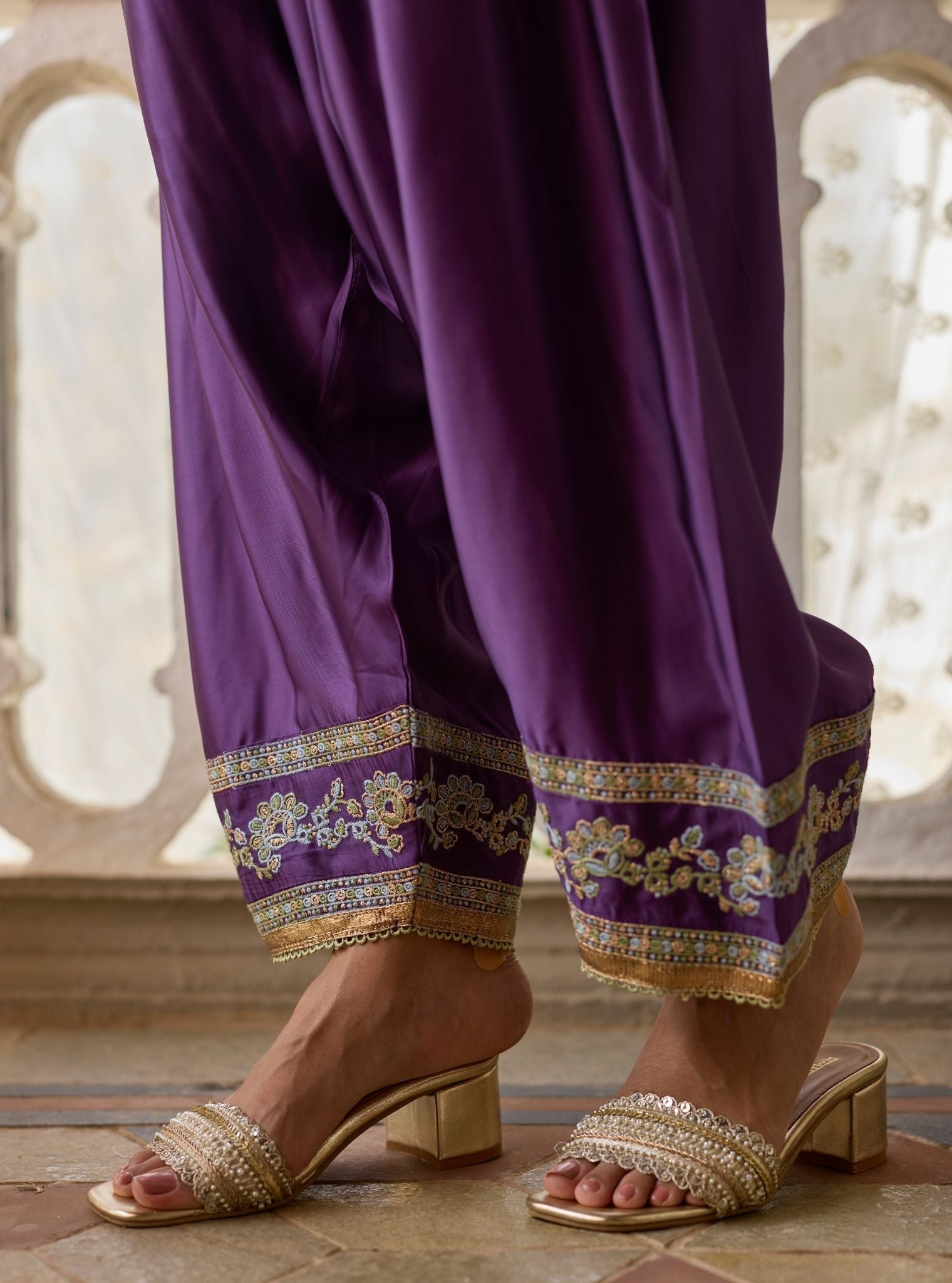 Pralika Bemberg Satin Purple Kurta With Farshi Salwar