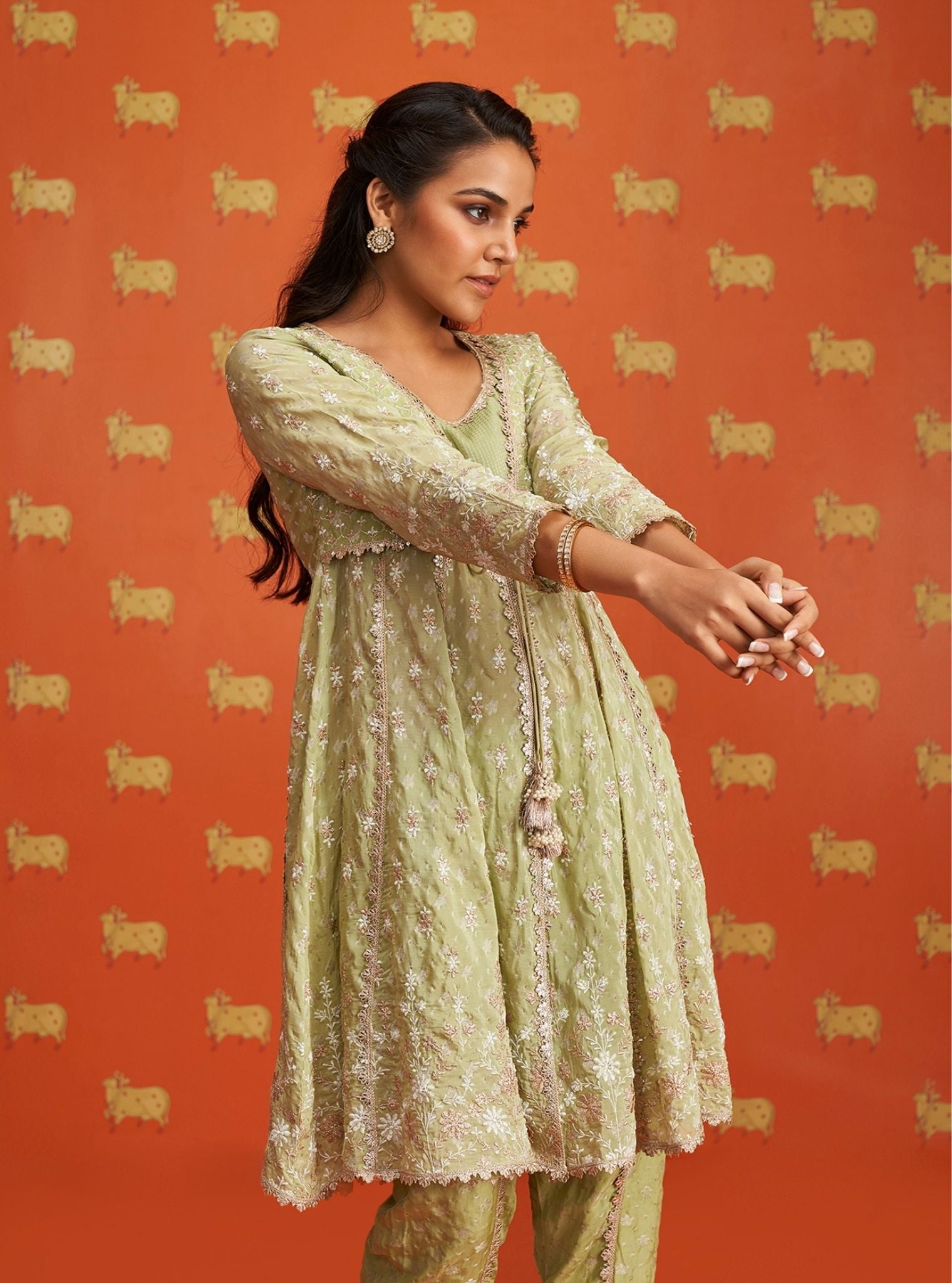 Nyah Banarsi Green Short Anarkali Kurta Set