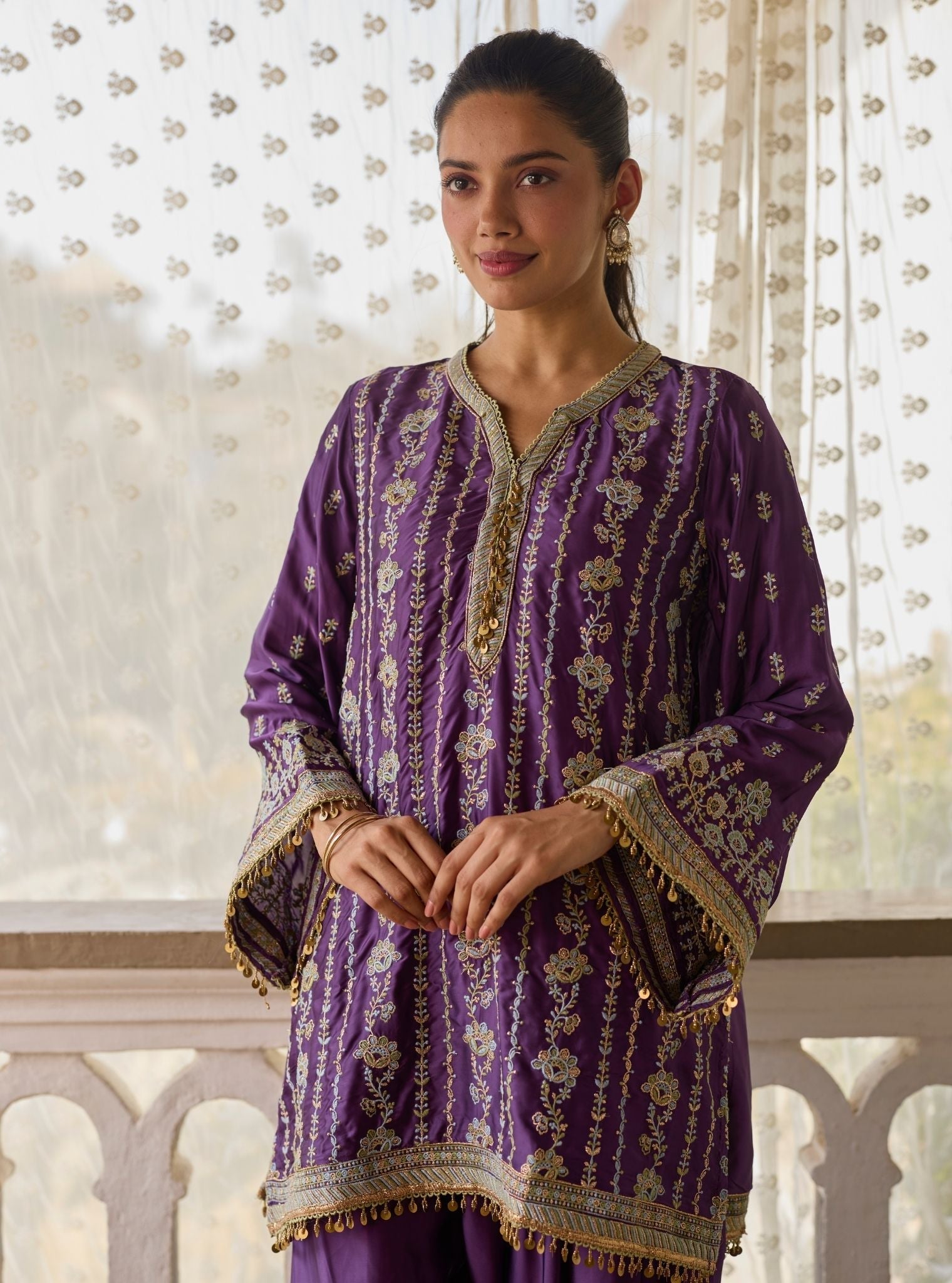Pralika Bemberg Satin Purple Kurta With Farshi Salwar
