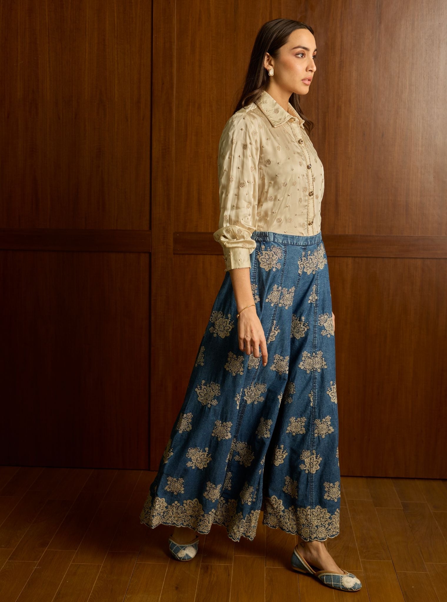 Mireya Cupro Satin Denim Sharara Set