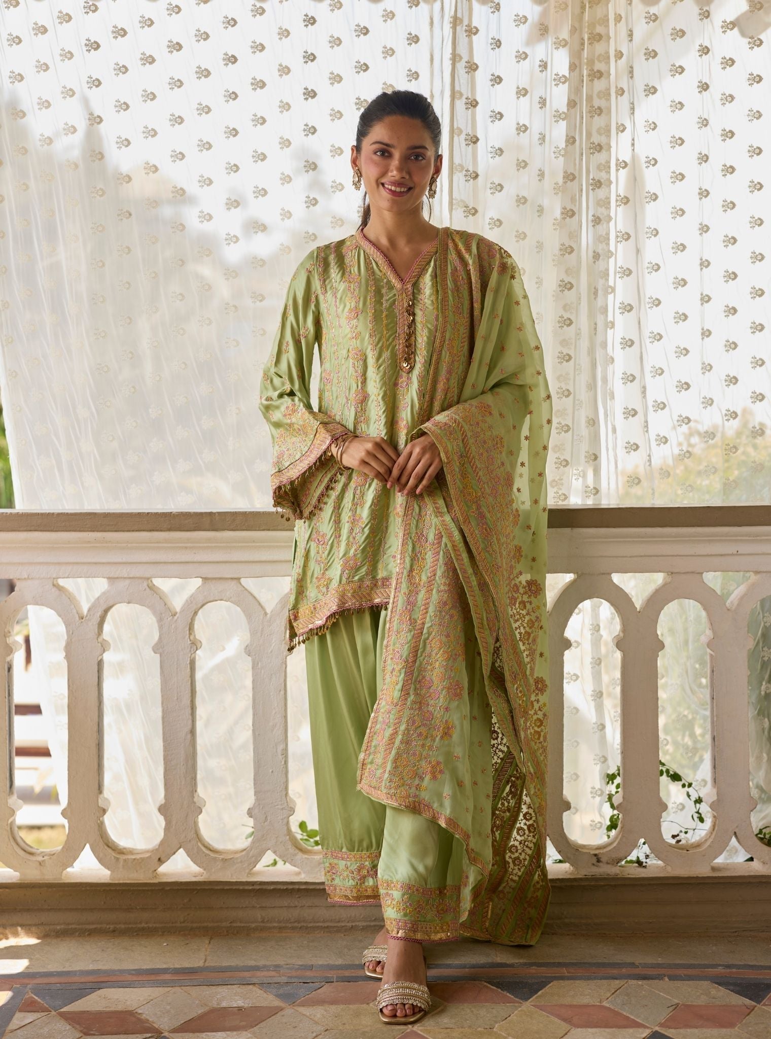 Pralika Bemberg Satin Green Kurta With Farshi Salwar