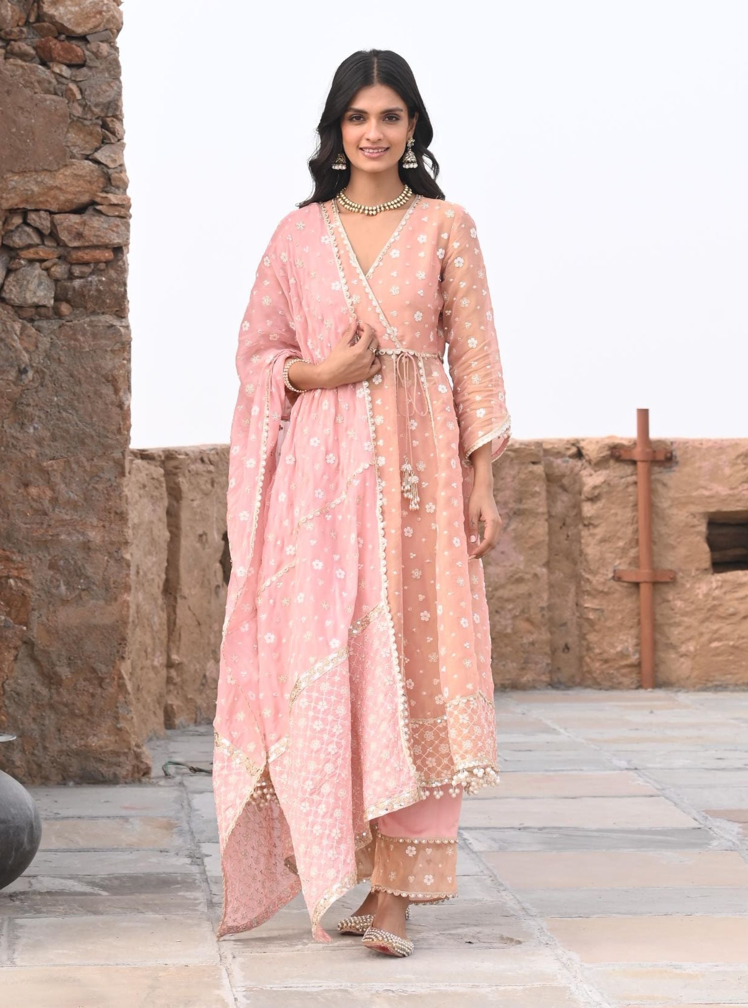 Majhi Luxe Tissue Light Pink Anarkali Kurta Set