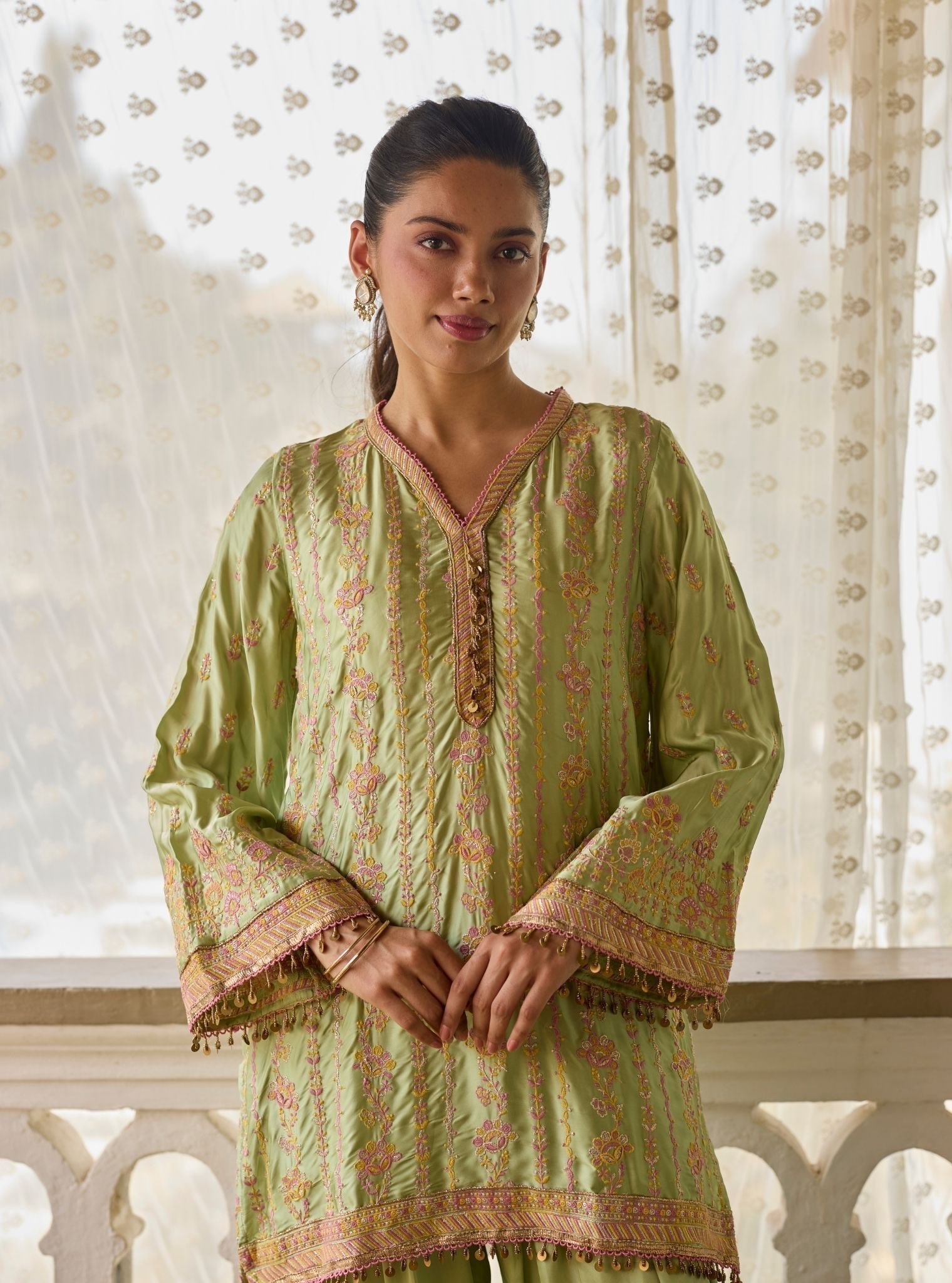 Pralika Bemberg Satin Green Kurta With Farshi Salwar