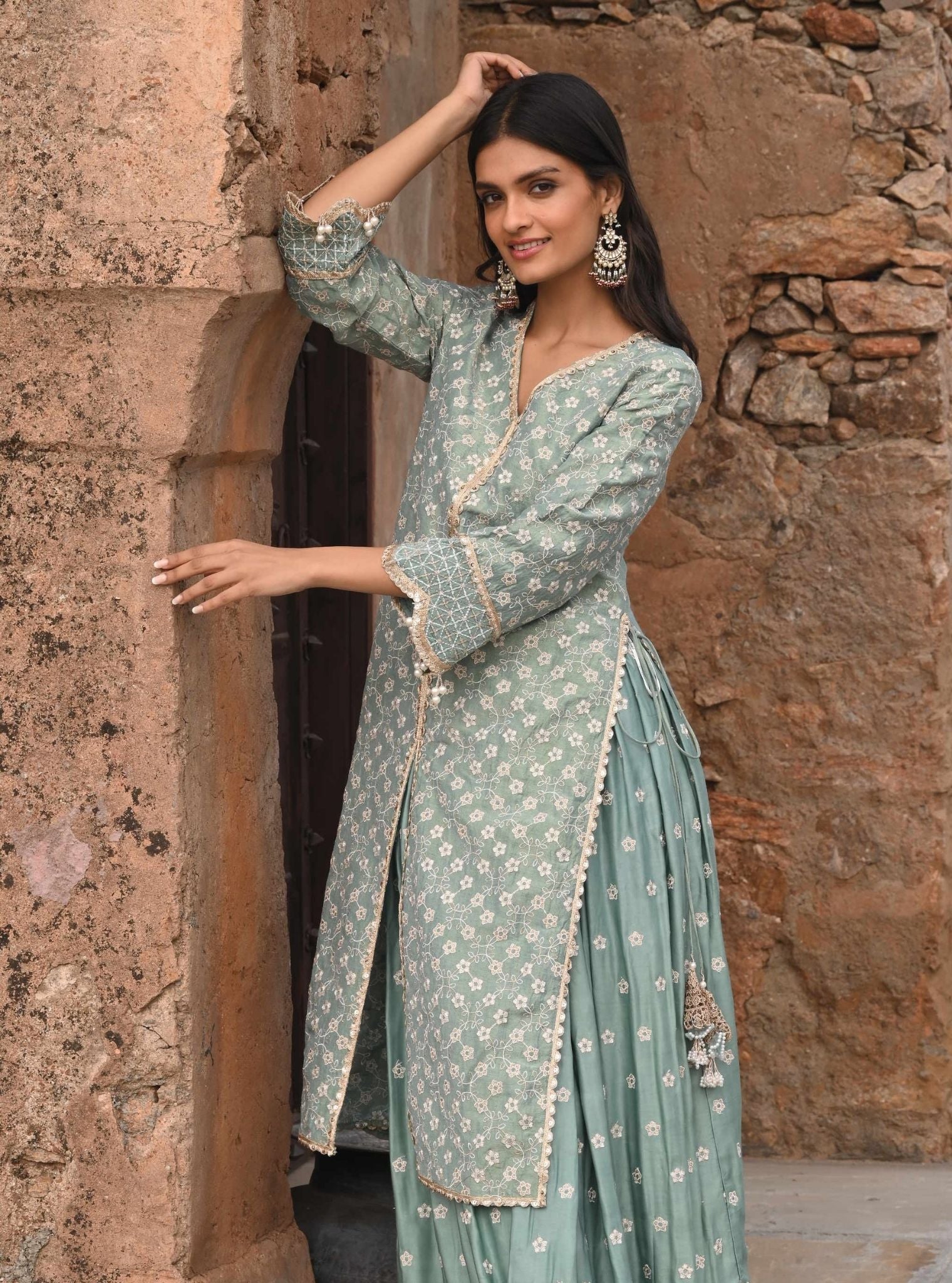 Maaeri Luxe Tissue Satin Teal Blue Kurta with Skirt Set