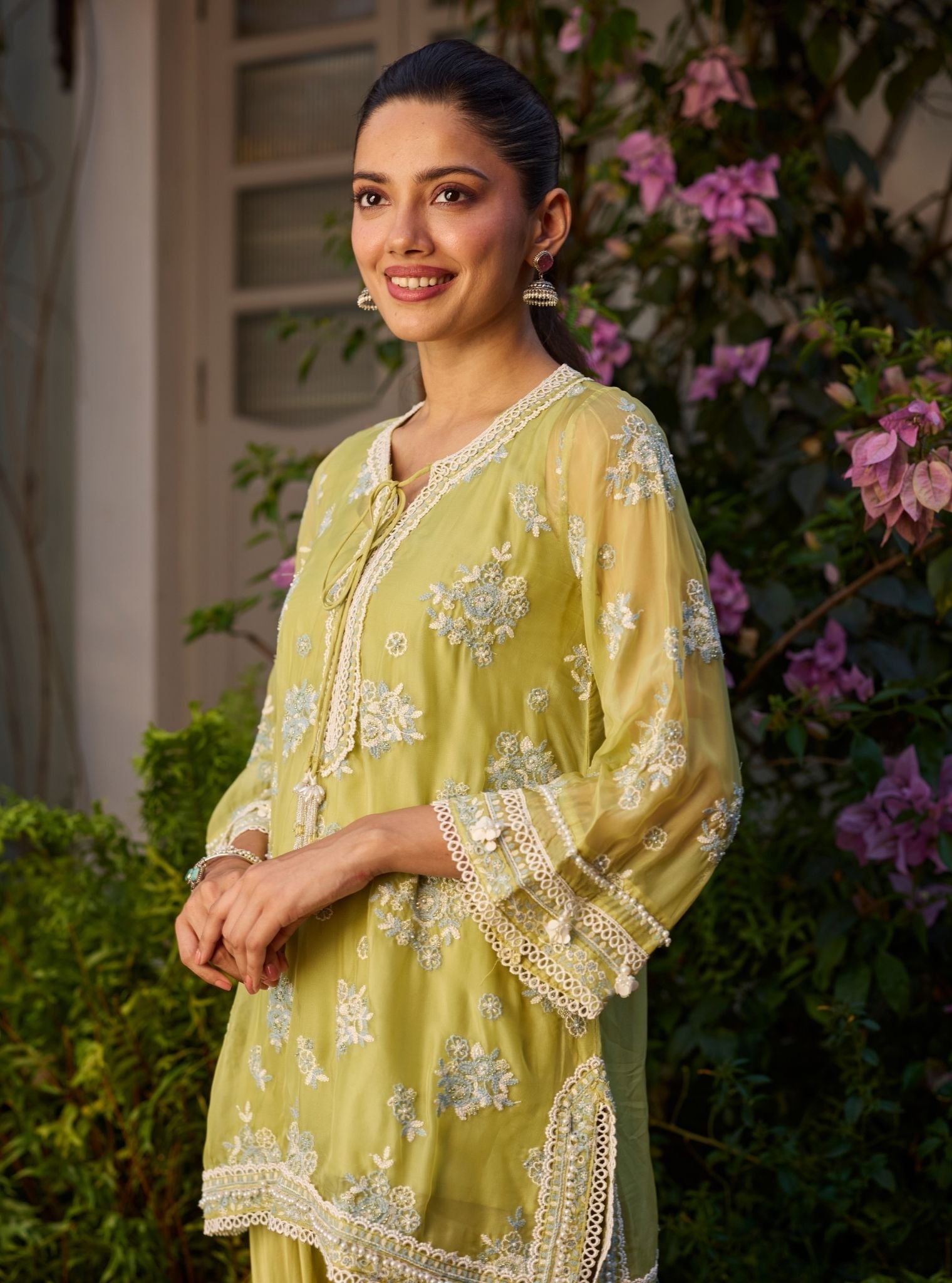Zeni Organza Lime Kurta With Draped Cupro Pants