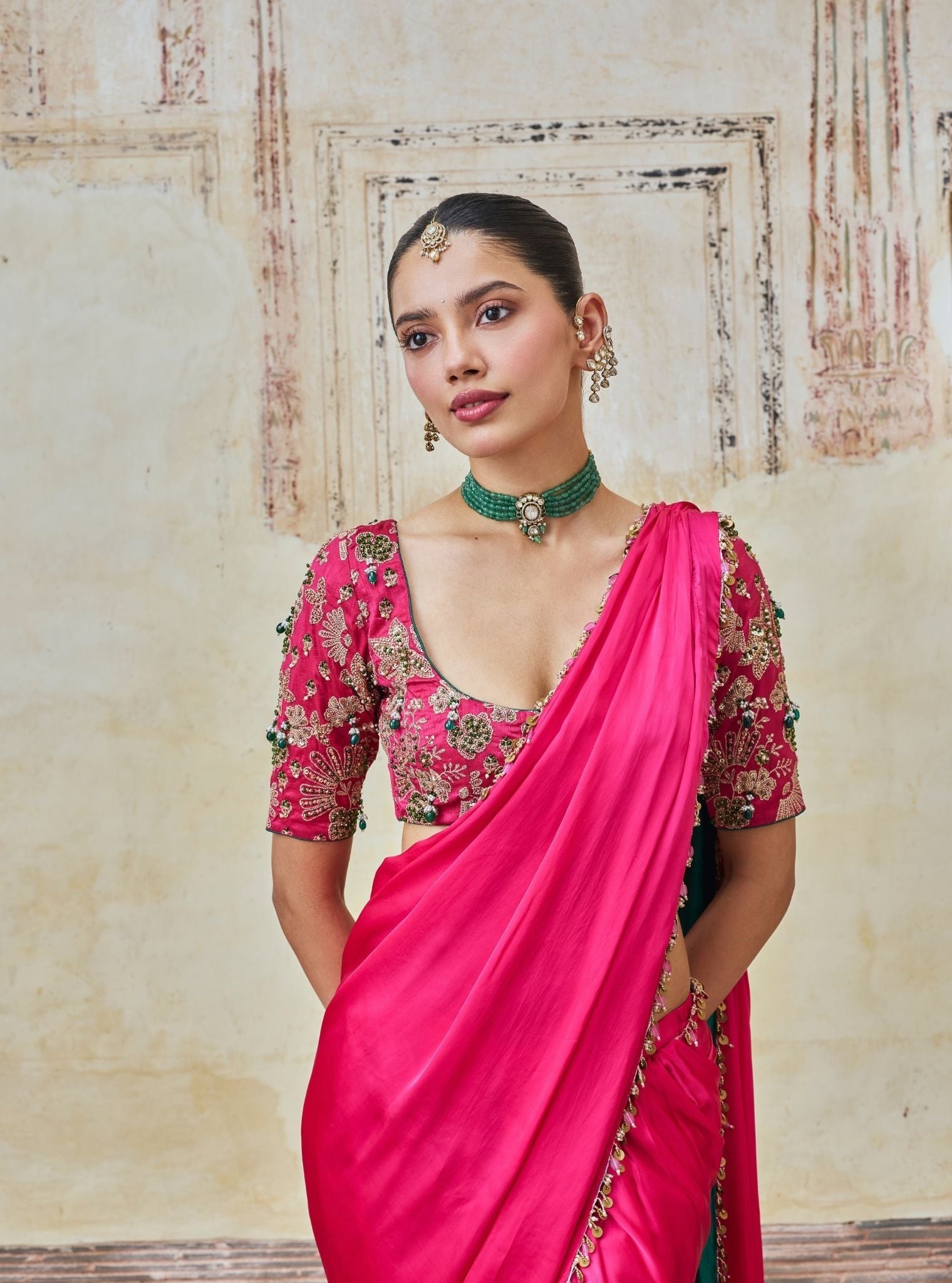 Saawari Cupro Satin Fuchsia Pre-draped Saree
