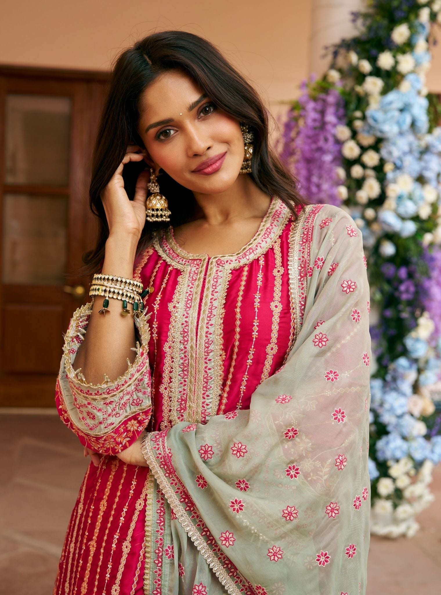 Jhumri Cupro Satin Rani Pink Kurta With Farshi Salwar