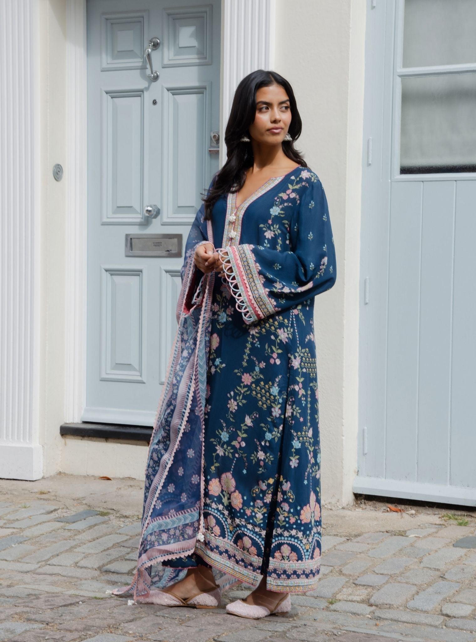 Zivra Lawn Printed Navy Kurta Set