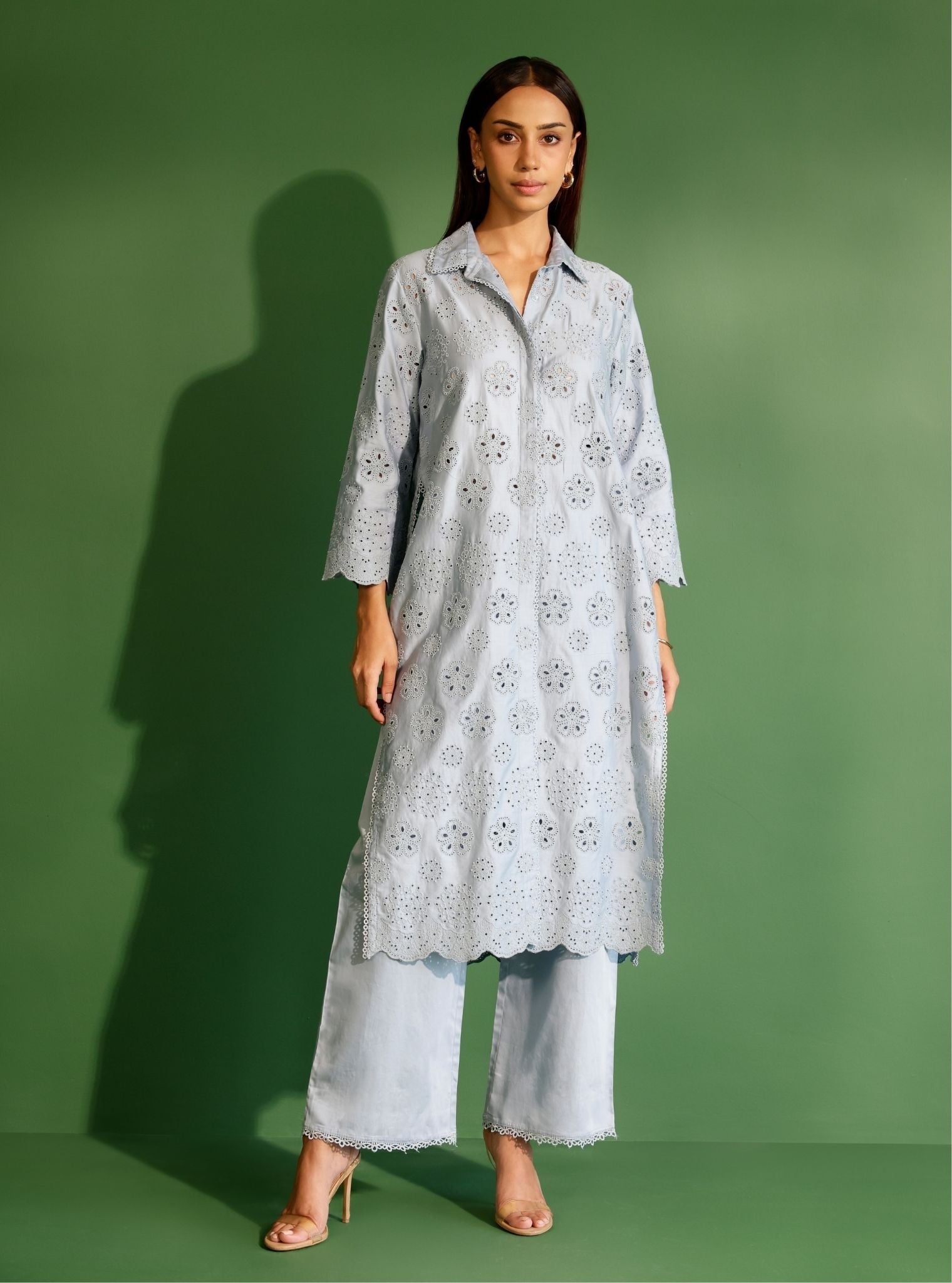 Harriet Pima Satin Blue Long shirt co-ord set