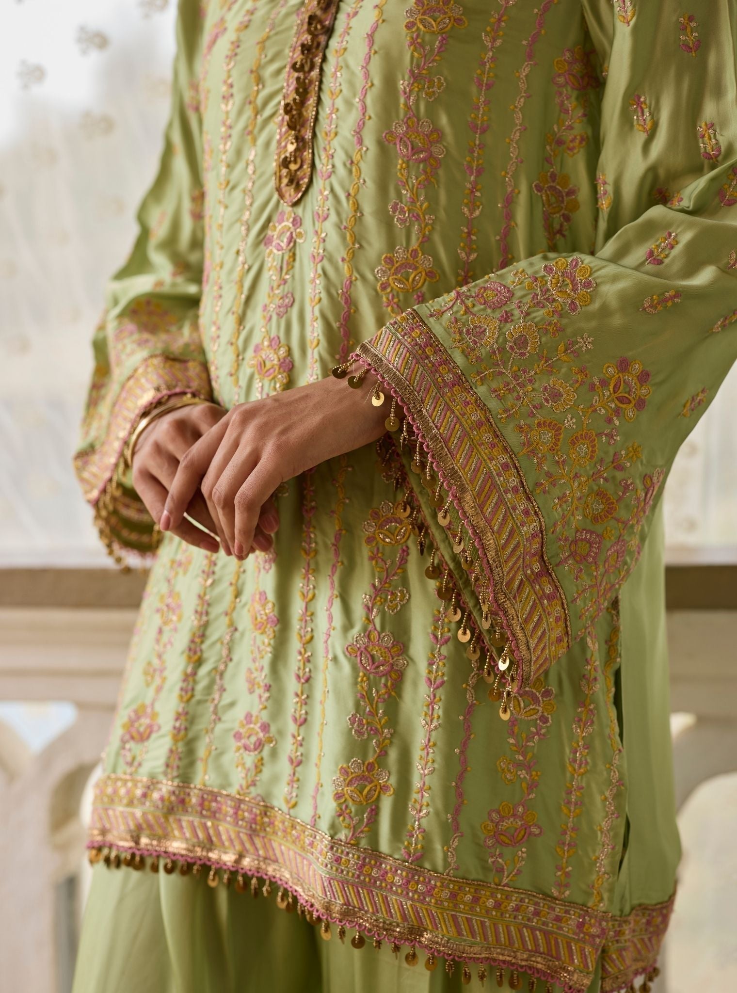 Pralika Bemberg Satin Green Kurta With Farshi Salwar