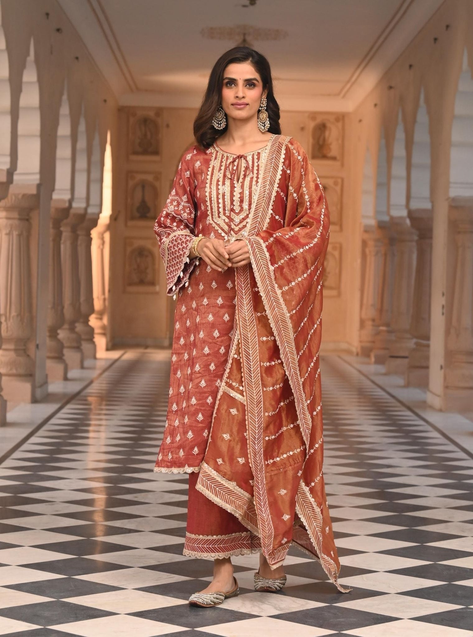 Dholna Luxe Tissue Satin Red Kurta Set