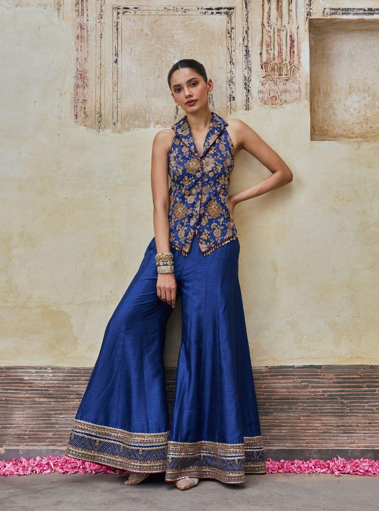 Kairavi Bemberg Raw Silk Blue Waistcoat & Sharara