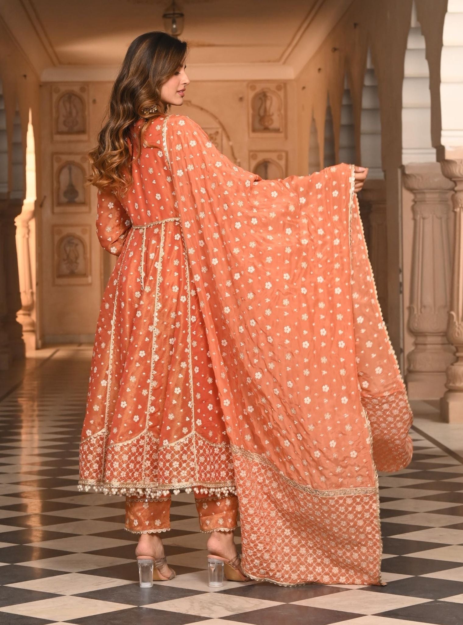 Majhi Luxe Tissue Burnt Orange Anarkali Kurta Set