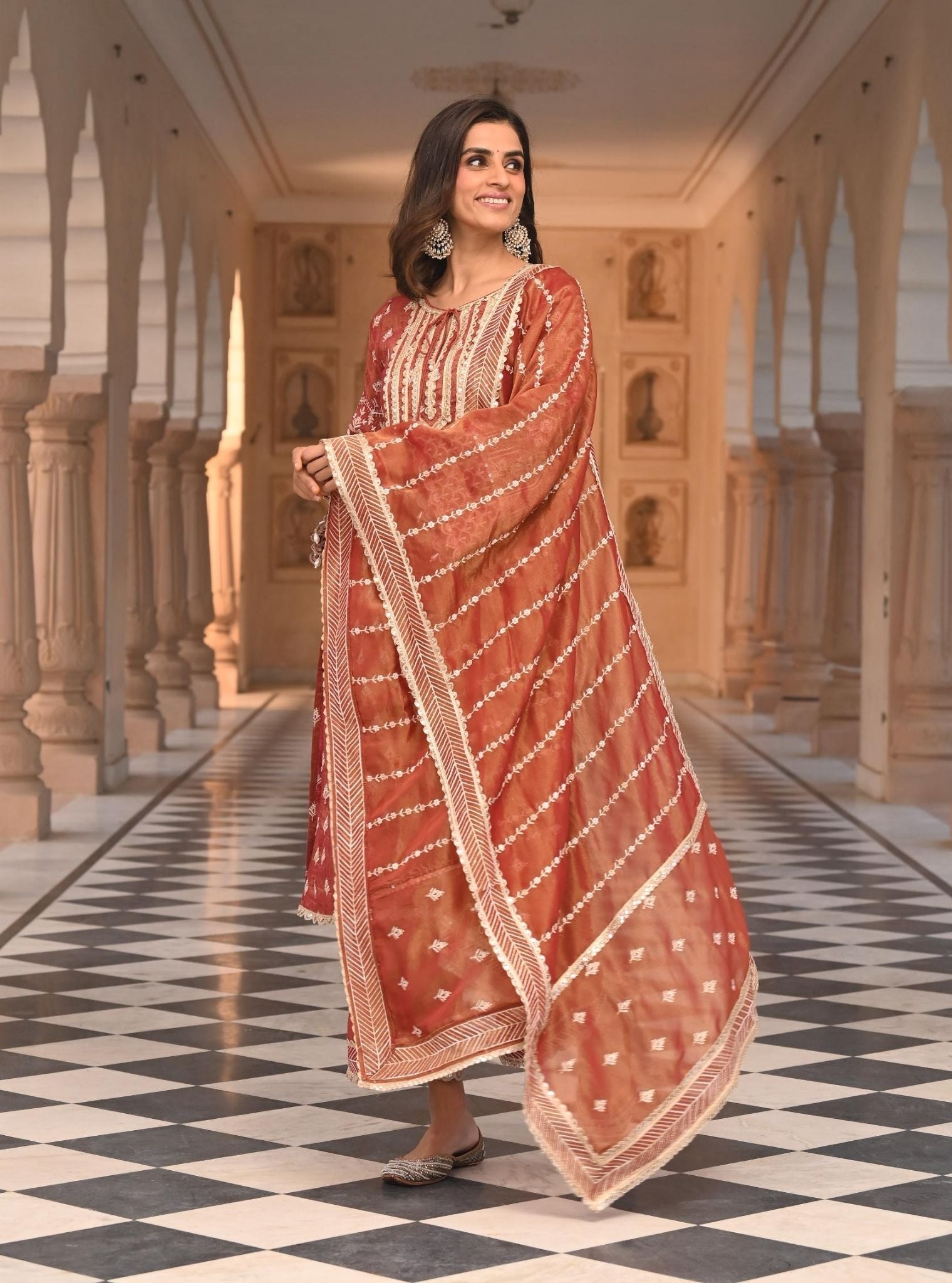 Dholna Luxe Tissue Satin Red Kurta Set