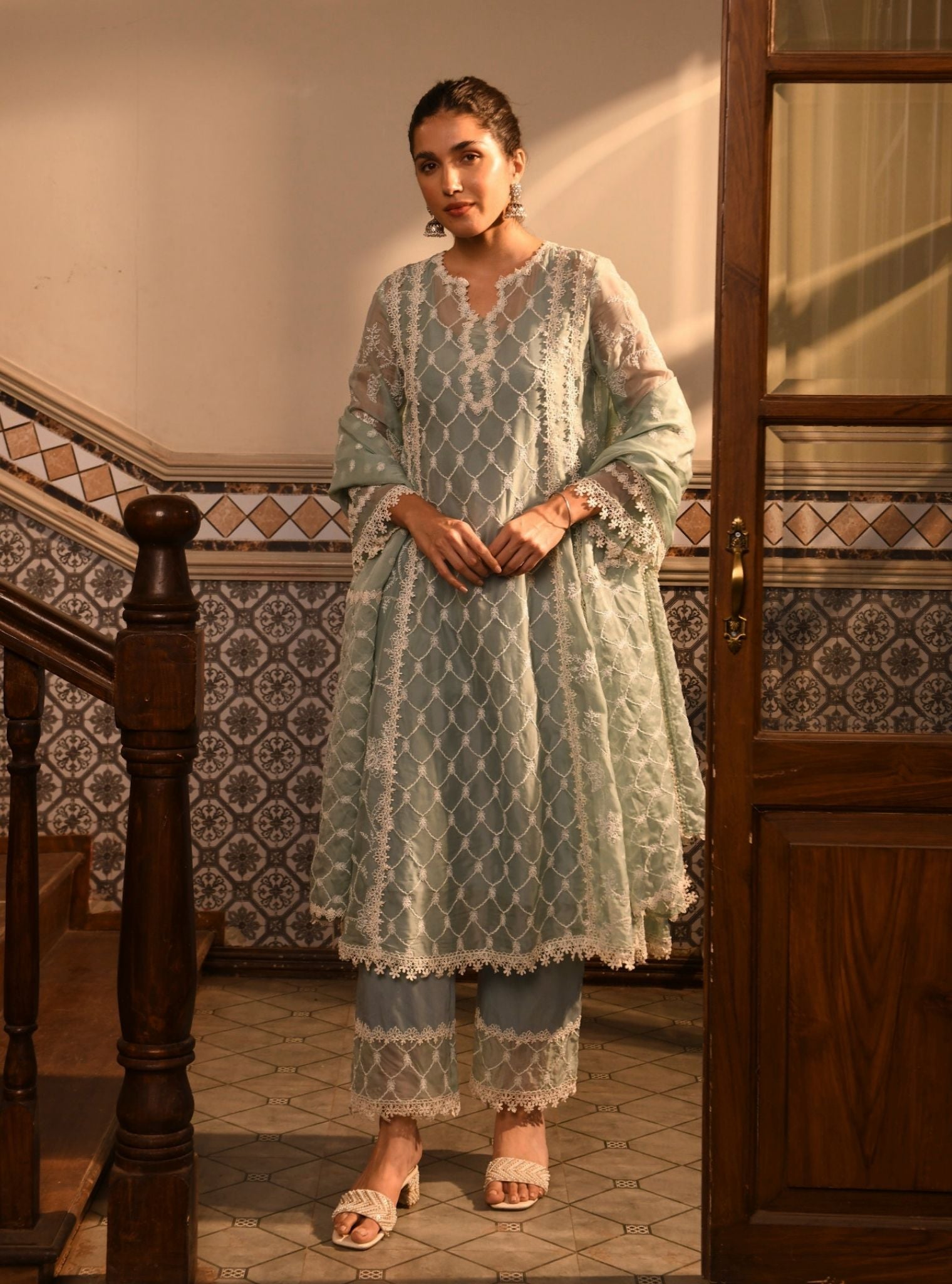 Barsin Organza Teal Blue Anarkali Kurta Set