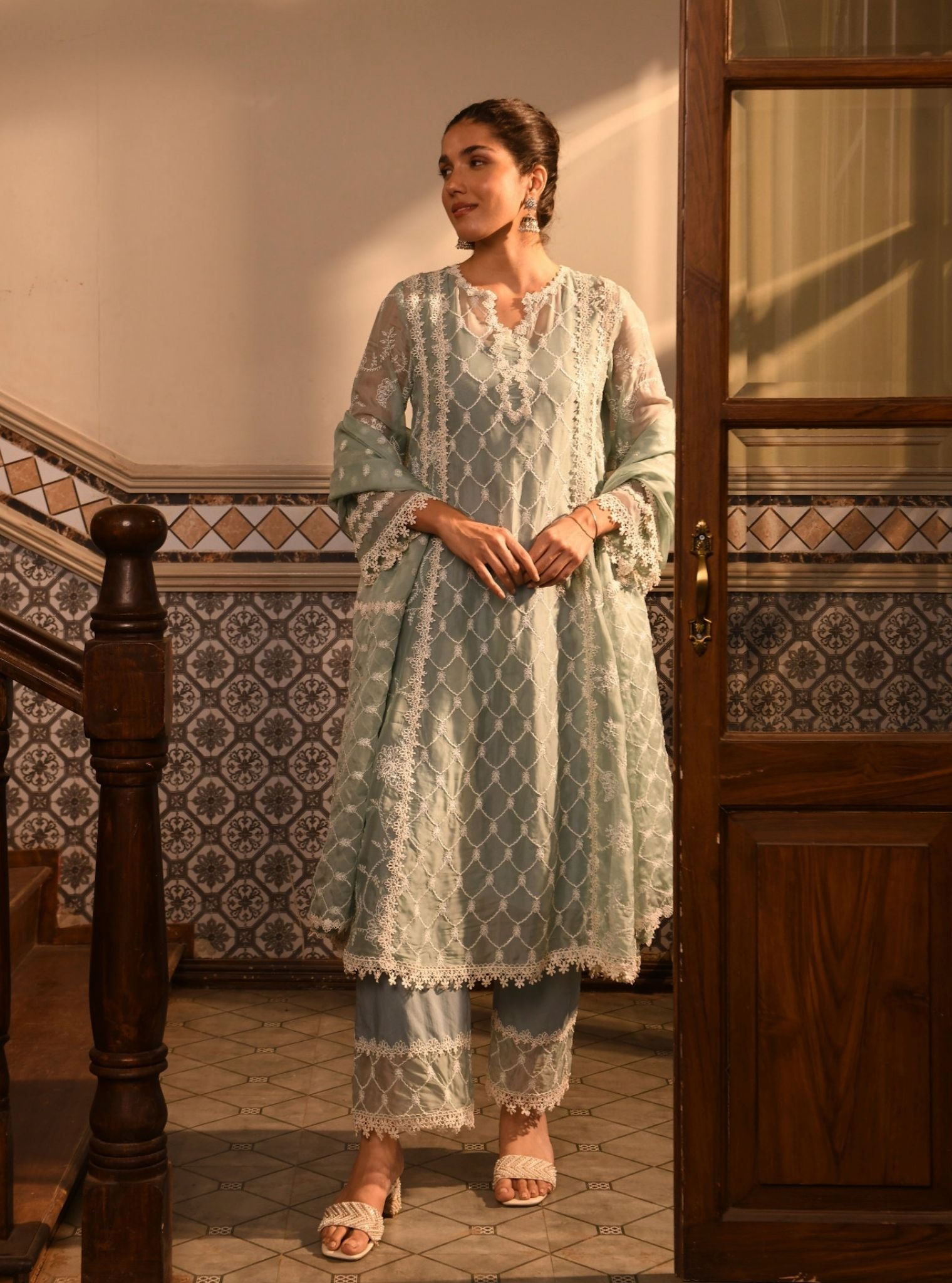 Barsin Organza Teal Blue Anarkali Kurta Set