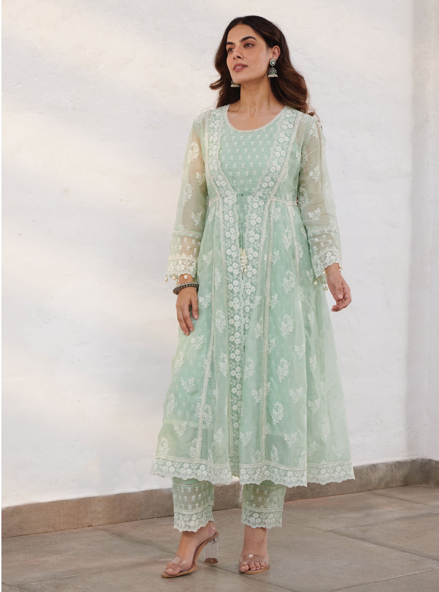 Aberdeen Organza Anarkali Green Kurta with Jacket Set