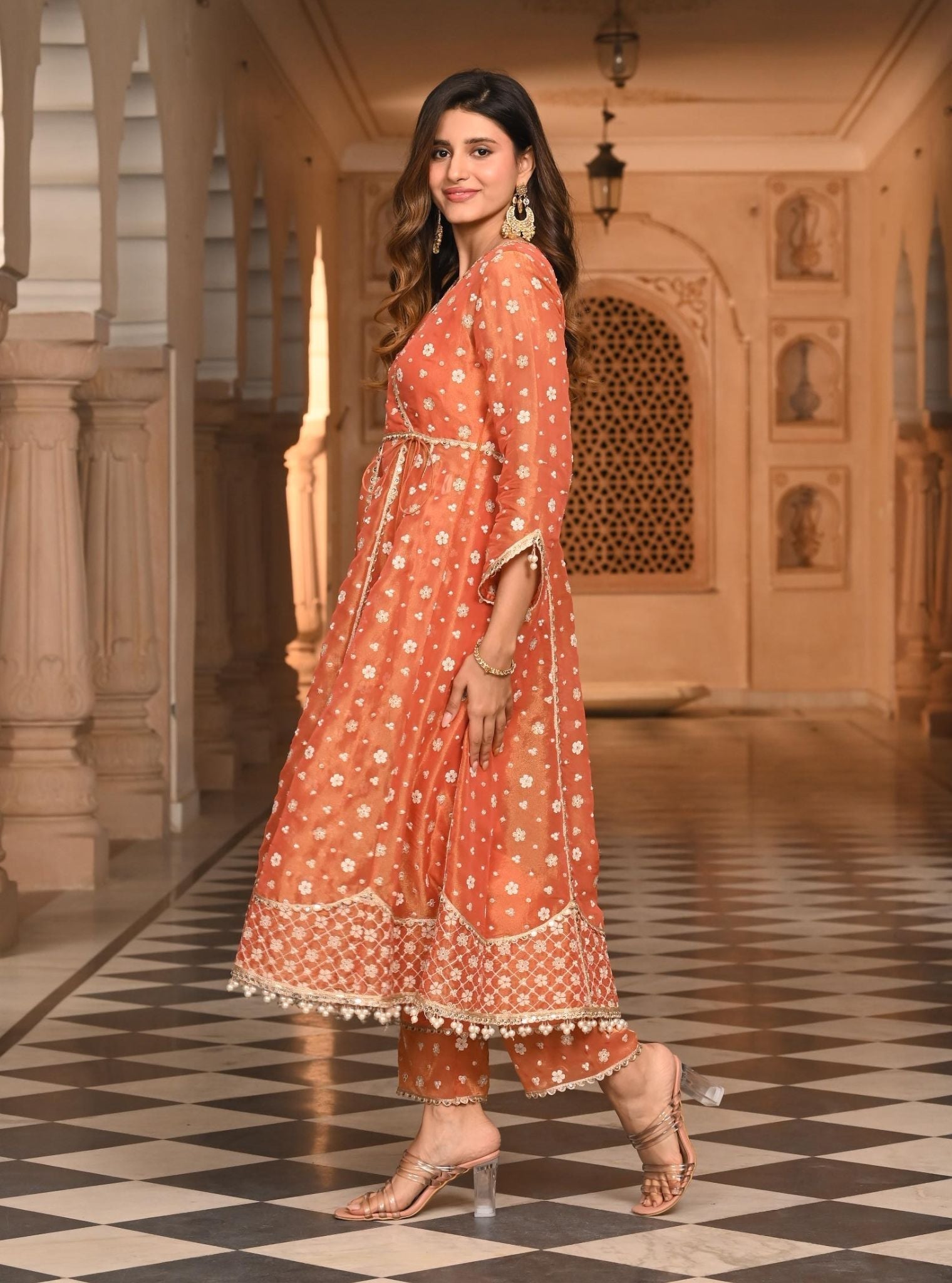 Majhi Luxe Tissue Burnt Orange Anarkali Kurta Set