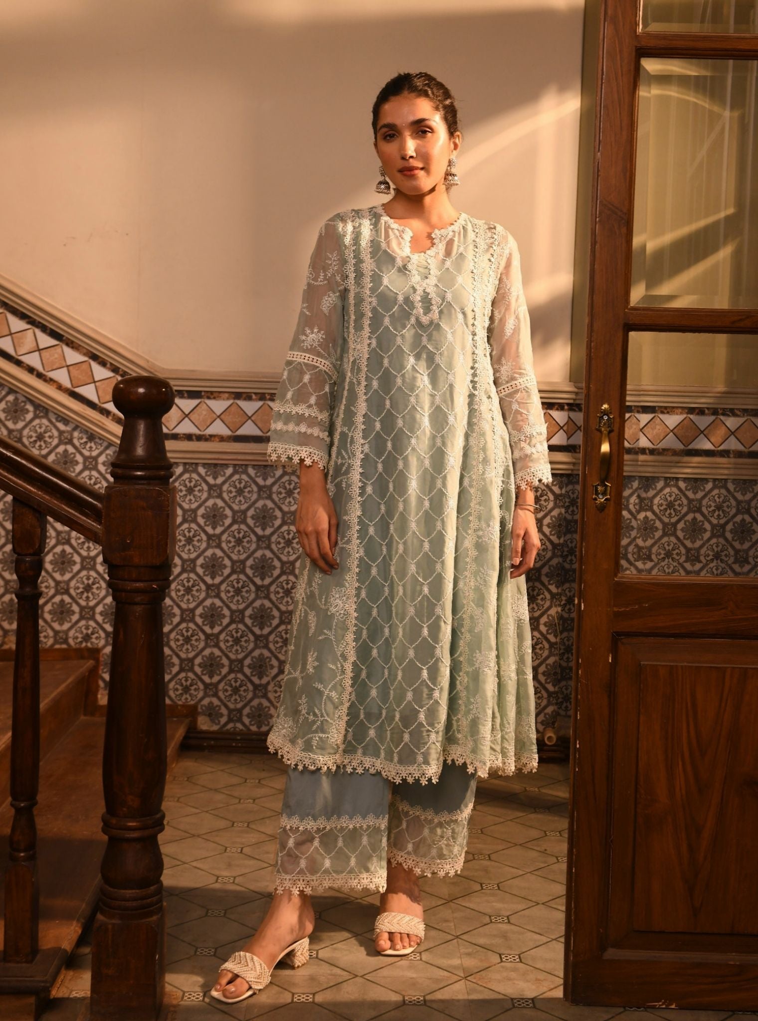 Barsin Organza Teal Blue Anarkali Kurta Set