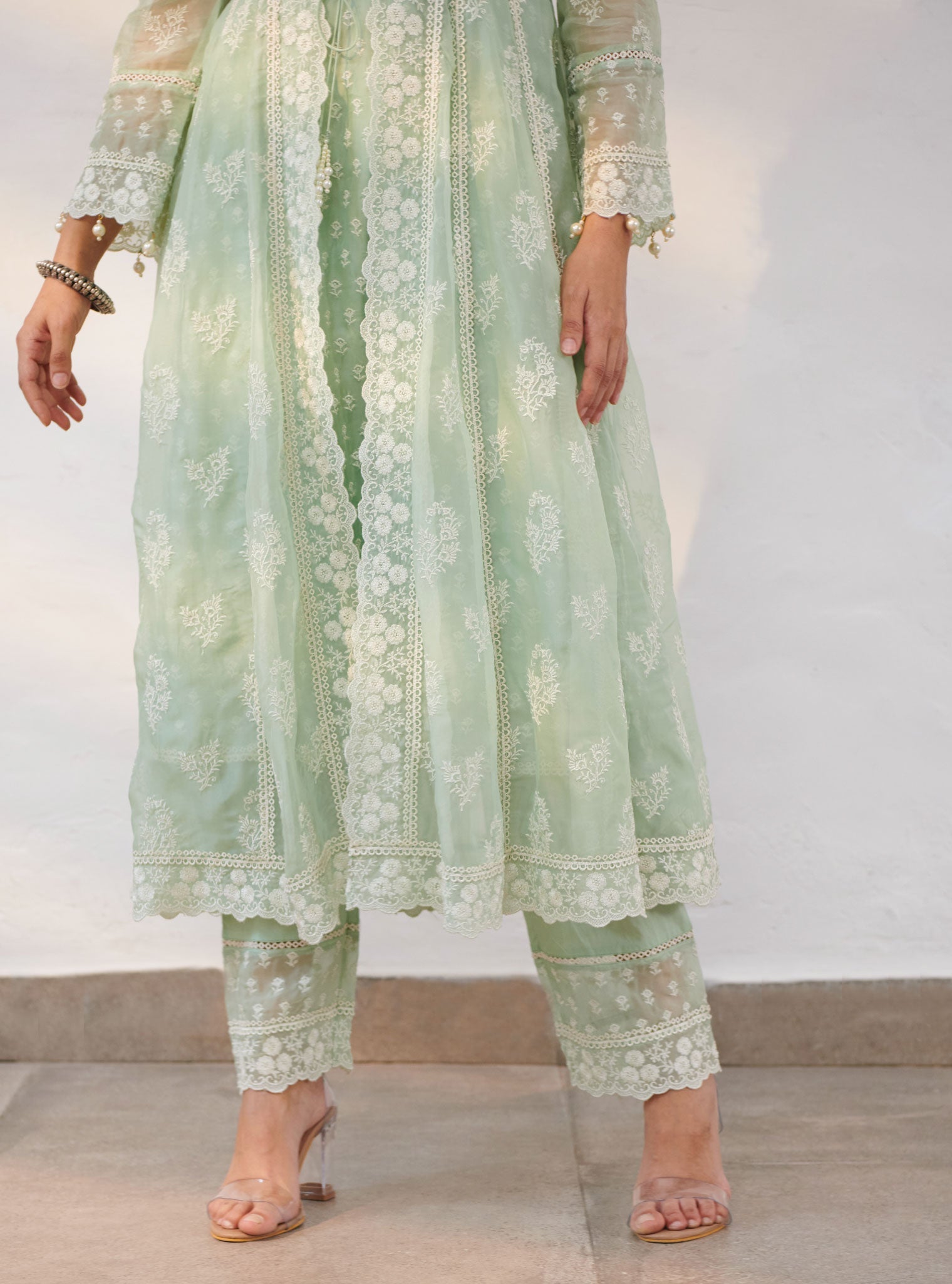 Aberdeen Organza Anarkali Green Kurta with Jacket Set