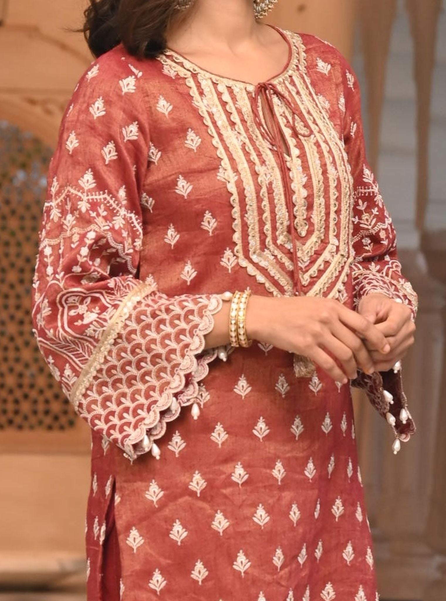 Dholna Luxe Tissue Satin Red Kurta Set