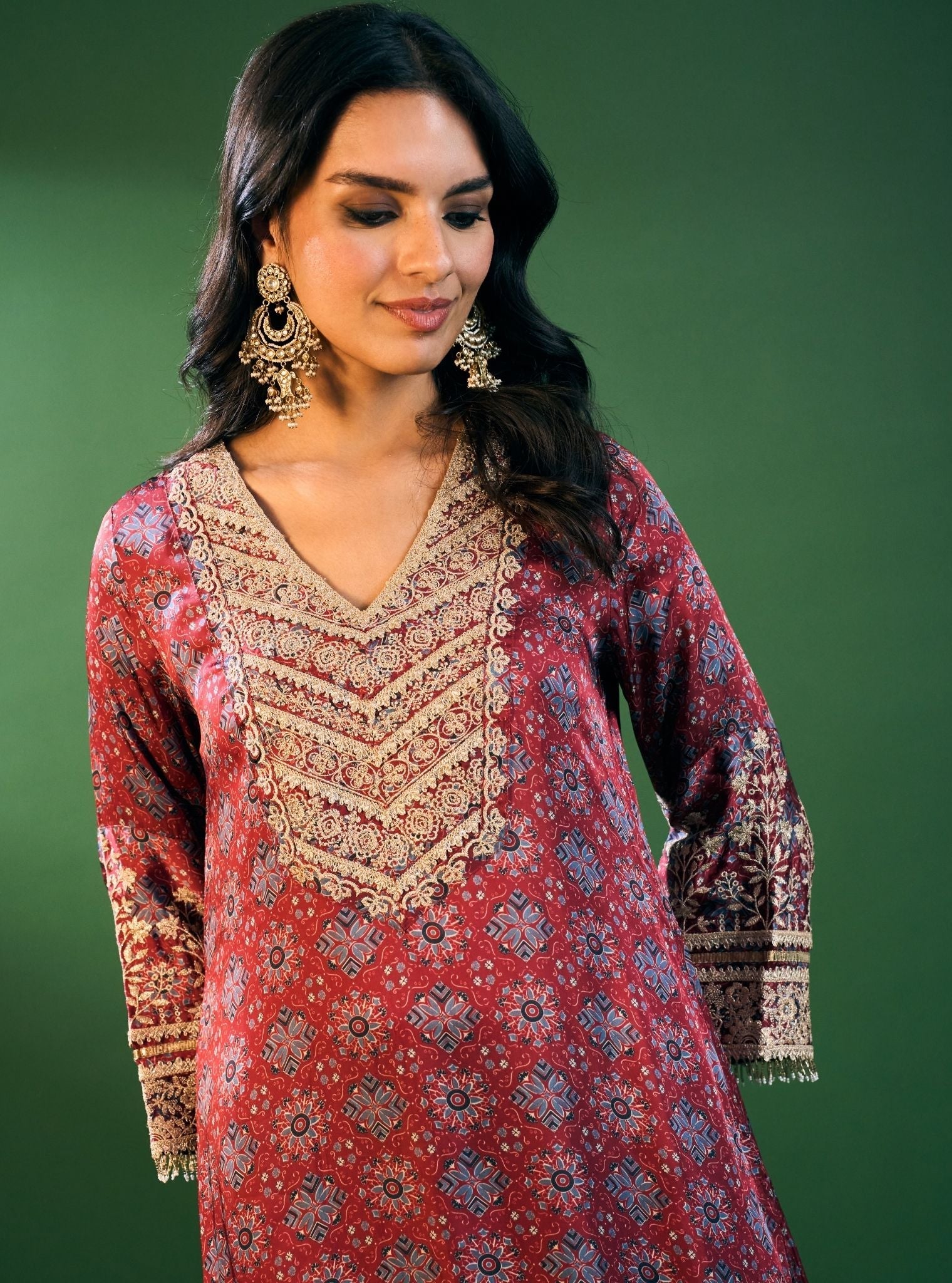 Sunheri Cupro Satin Red Ajrakh Print Kurta Set
