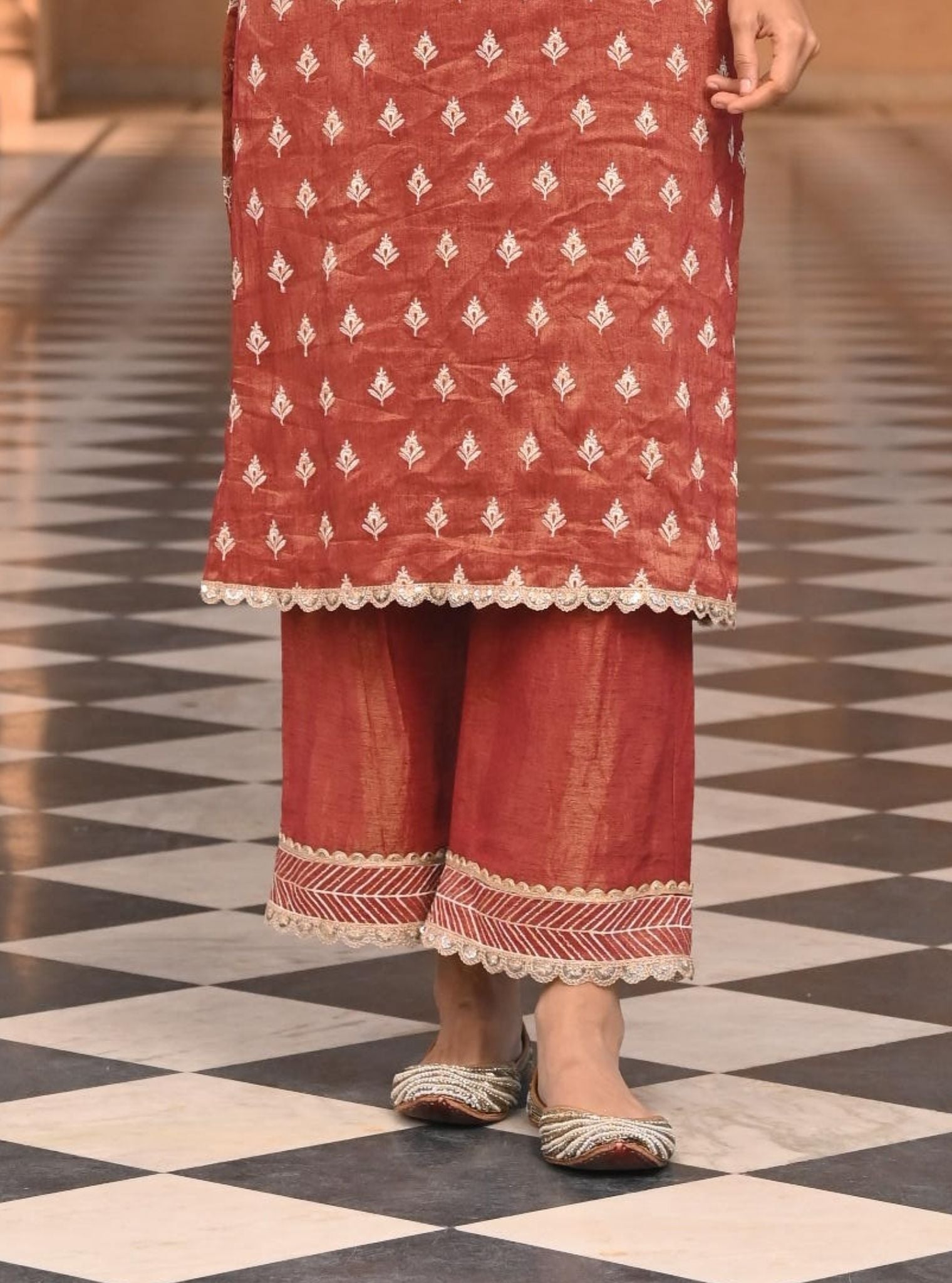 Dholna Luxe Tissue Satin Red Kurta Set